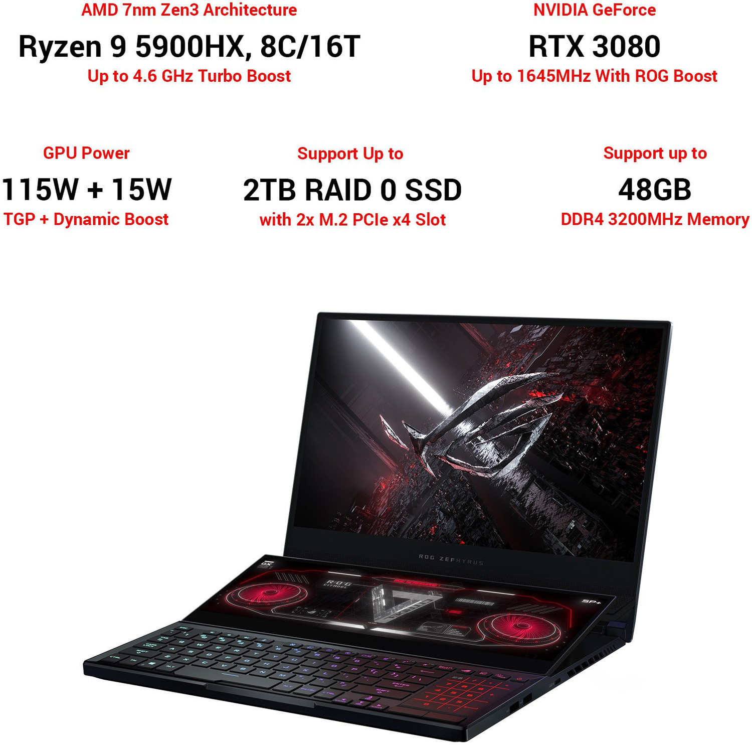 Image of ASUS ROG Zephyrus Duo 15 SE AMD Ryzen 9 Octa Core 5900HX - (32 GB /2 TB SSD /Windows 10 Home /16 GB Graphics /NVIDIA GeForce RTX 3080 /300 Hz) GX551QS-HF151TS Gaming Laptop