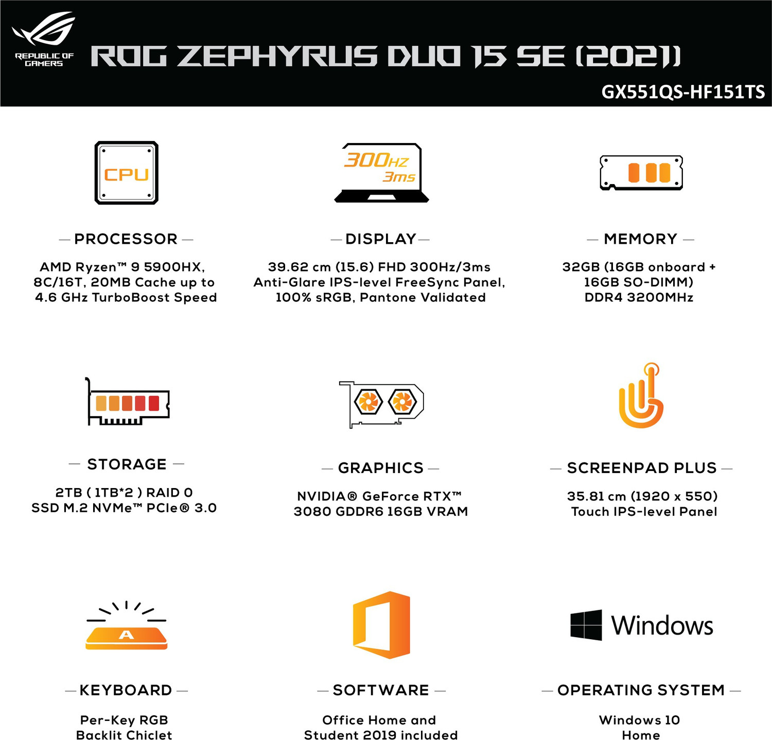 Image of ASUS ROG Zephyrus Duo 15 SE AMD Ryzen 9 Octa Core 5900HX - (32 GB /2 TB SSD /Windows 10 Home /16 GB Graphics /NVIDIA GeForce RTX 3080 /300 Hz) GX551QS-HF151TS Gaming Laptop