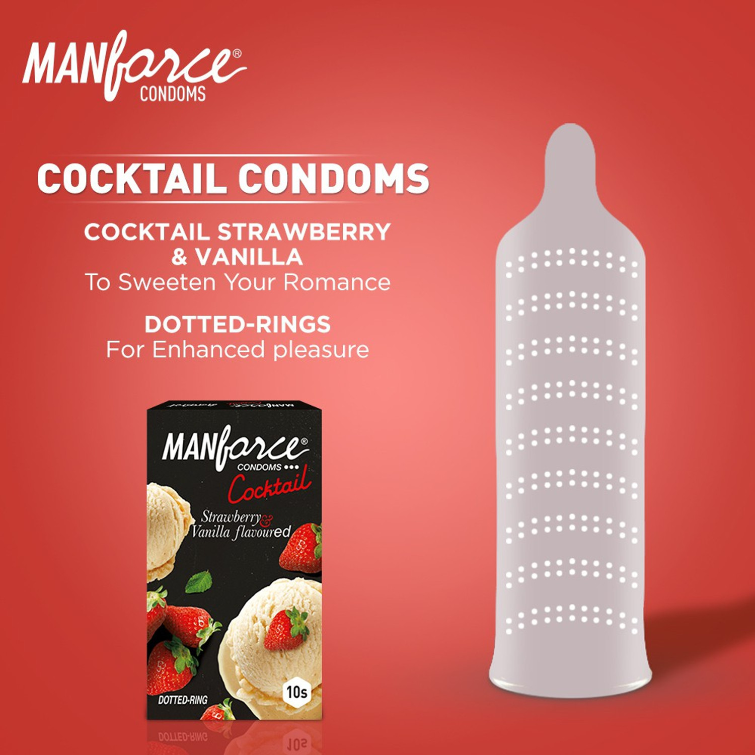 Image of MANFORCE Premium Condoms (Hotdots Belgian Chocolate with Bigger Dots & Cocktail Strawberry+Vanilla with Dotted Rings) Combo - 10s (Pack of 2) Condom (Set of 2, 20 Sheets)