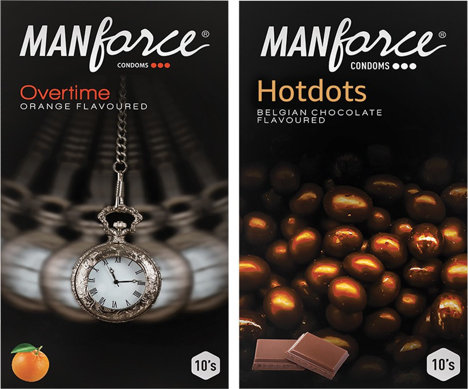 Image of MANFORCE Premium Hotdots Belgian Chocolate with Bigger Dots & Overtime Orange 3in1 (Ribbed, Contour, Dotted) Condoms - 10s (Pack of 2) Condom (Set of 2, 20 Sheets)