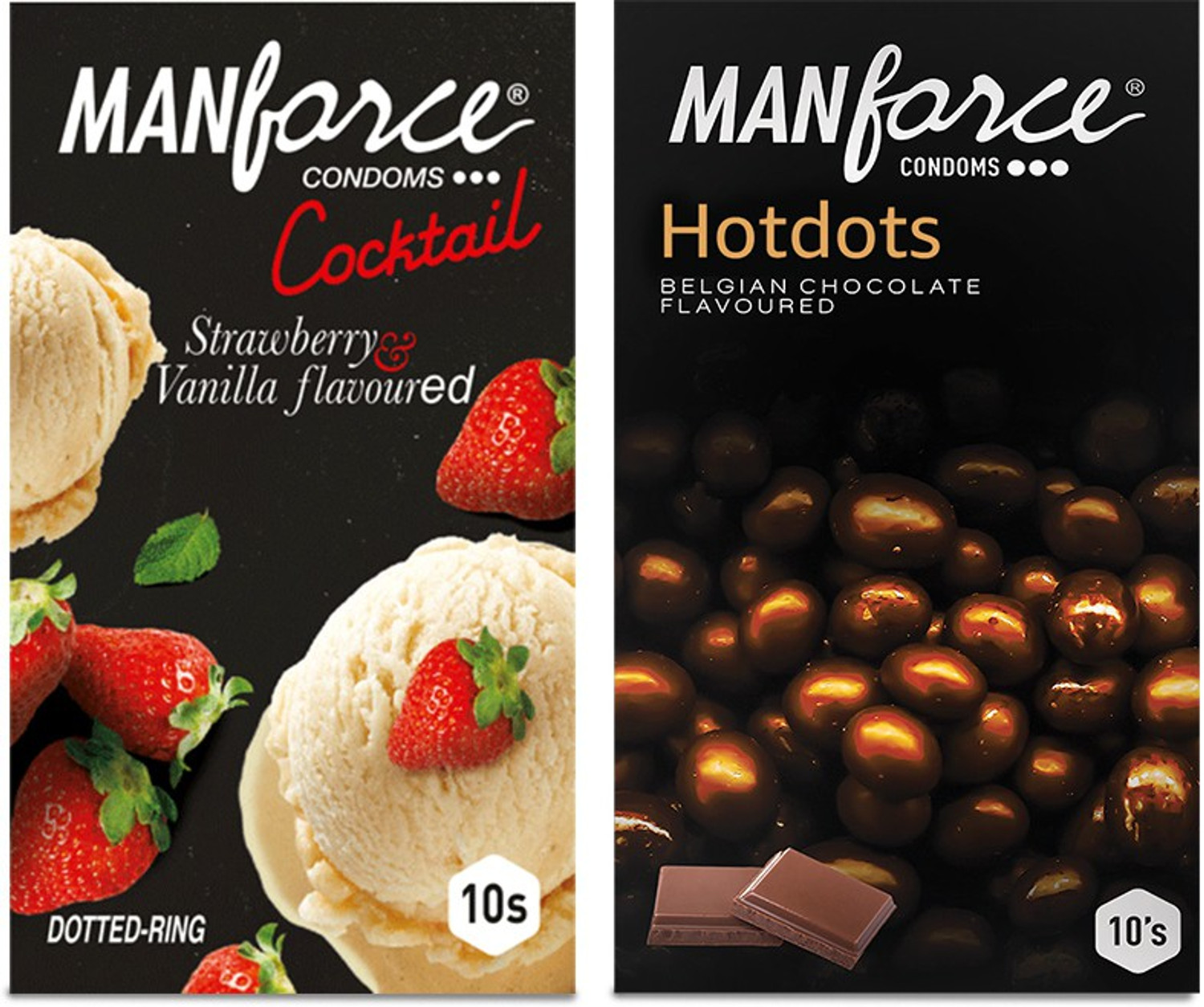 Image of MANFORCE Premium Condoms (Hotdots Belgian Chocolate with Bigger Dots & Cocktail Strawberry+Vanilla with Dotted Rings) Combo - 10s (Pack of 2) Condom (Set of 2, 20 Sheets)