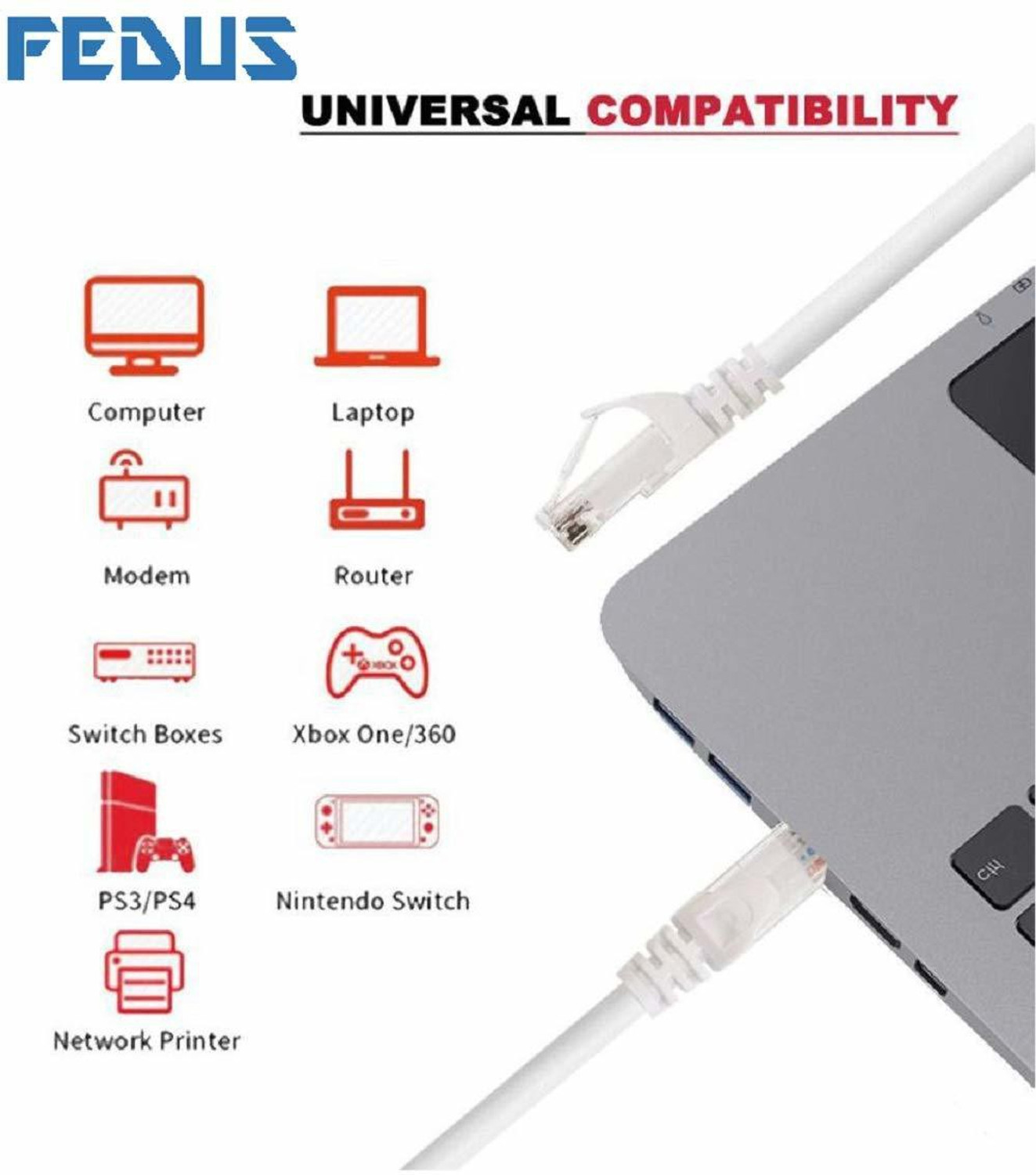 Image of Fedus LAN Cable 100 m Snagless Network RJ45 Ethernet Patch LAN Cable CAT6 - 100M White LAN Cable (Compatible with Desktops, Laptops, Servers, Gaming Consoles, TV, White)