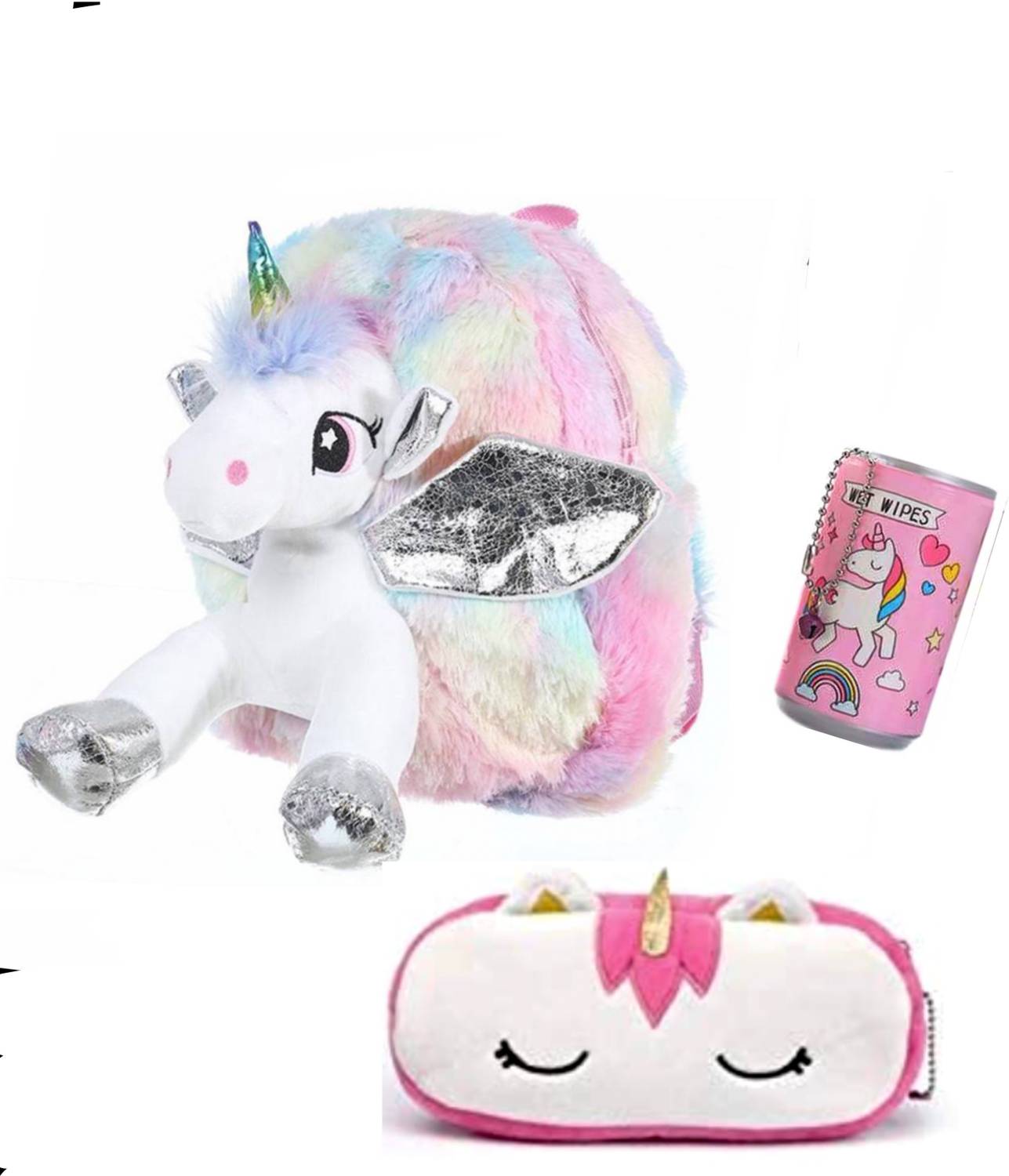 13House Kids Unicorn 3D Fur Bag For Kids/unicorn fur pouch for girls/unicorn tissue wipes for kids/bag for kids multicolor (Pack of 3 items)