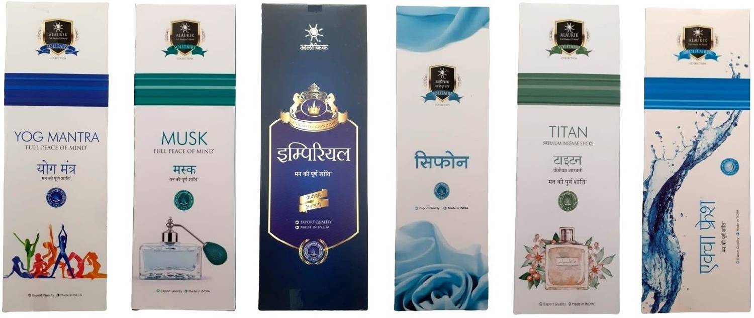 ALAUKIK Solitaire Incense Sticks Combo Pack of 6 - Combo-12 (90 gm x 6=540 gm) Yog Mantra, Musk, Imperial, Sifon, Titan, Aqua Fresh