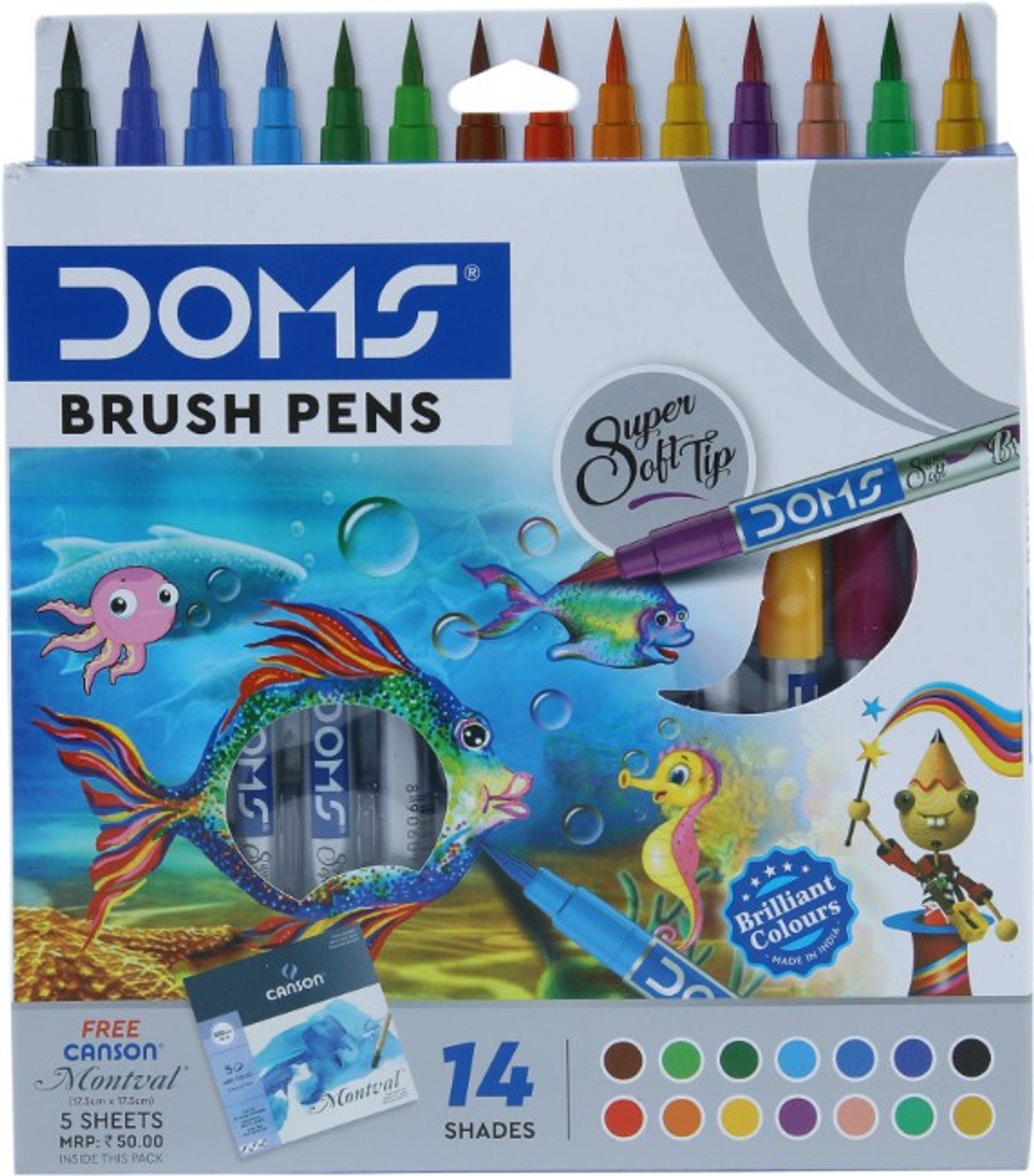 Image of DOMS Non Toxic Brush Pen in Cardboard Box (Set of 14, Multicolor)