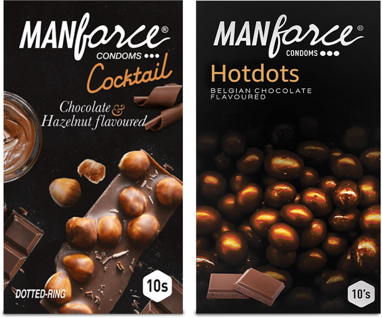 Image of MANFORCE Premium Condoms (Hotdots Belgian Chocolate with Bigger Dots & Cocktail Chocolate + Hazelnut with Dotted Rings) Combo - 10s (Pack of 2) Condom (Set of 2, 20 Sheets)