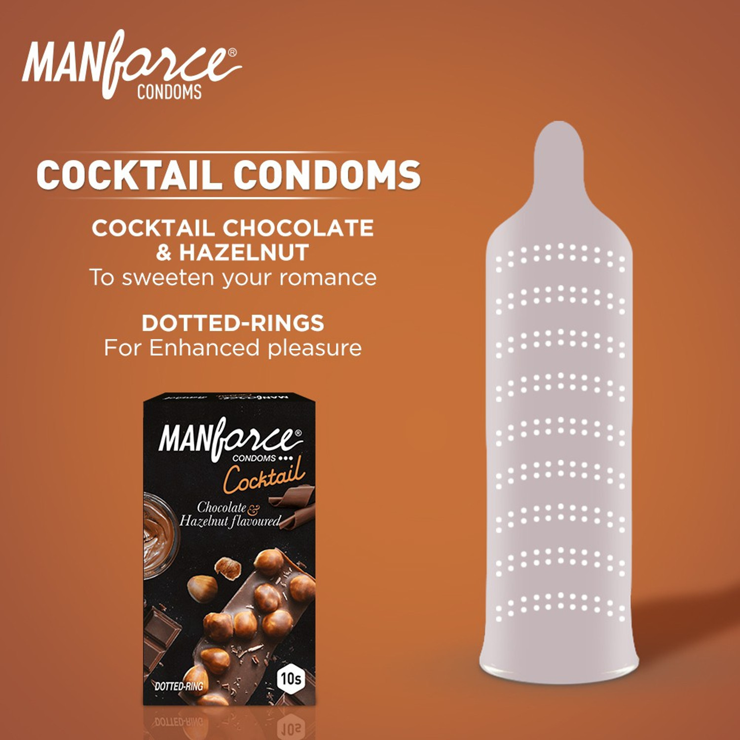 Image of MANFORCE Premium Condoms (Hotdots Belgian Chocolate with Bigger Dots & Cocktail Chocolate + Hazelnut with Dotted Rings) Combo - 10s (Pack of 2) Condom (Set of 2, 20 Sheets)