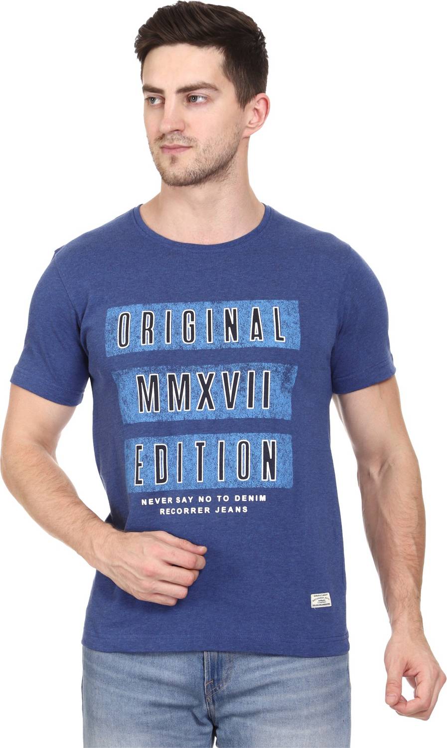 Recorrer Men Graphic Print Round Neck Pure Cotton Blue T-Shirt