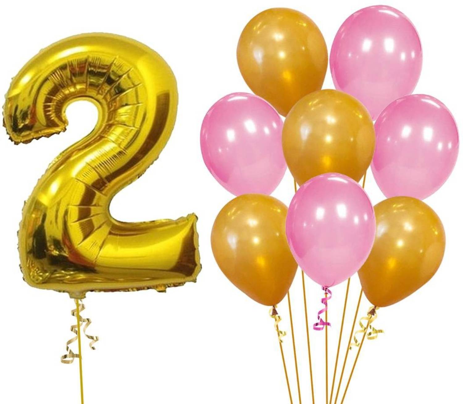 ACOME Solid 2nd Birthday Baby Girl/Boy Decoration Combo. Number 2 Foil Balloon(1pc) and Gold Pink Metallic Balloons (8pc) Set 9Pcs Balloon