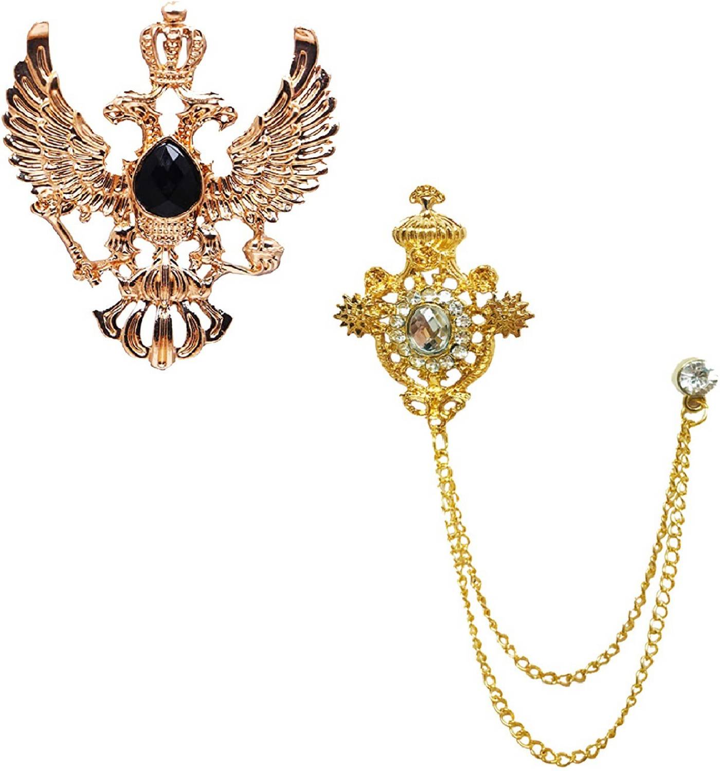 Aarohi Combo of Gold Plated Double-Headed Black Crystal Eagle Retro Wings Crown & Rhinestone Crystal Crown Blazer Suit Brooch Pin for Men & Boys ACM-096 Brooch