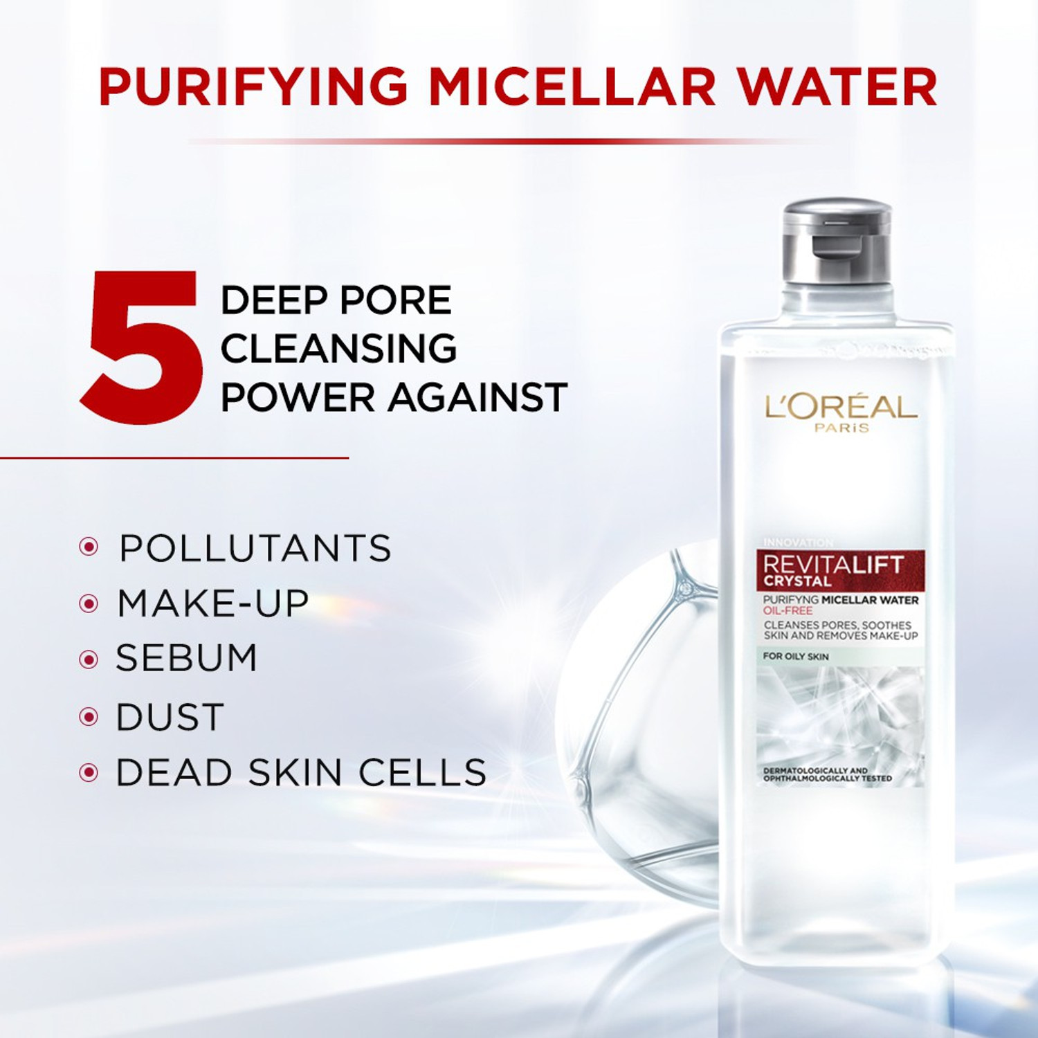 Image of L'Oreal Paris Revitalift Crystal Purifying Micellar Water With Oil-Free Technology, 400ml | Cleanses pores & removes makeup Face Wash