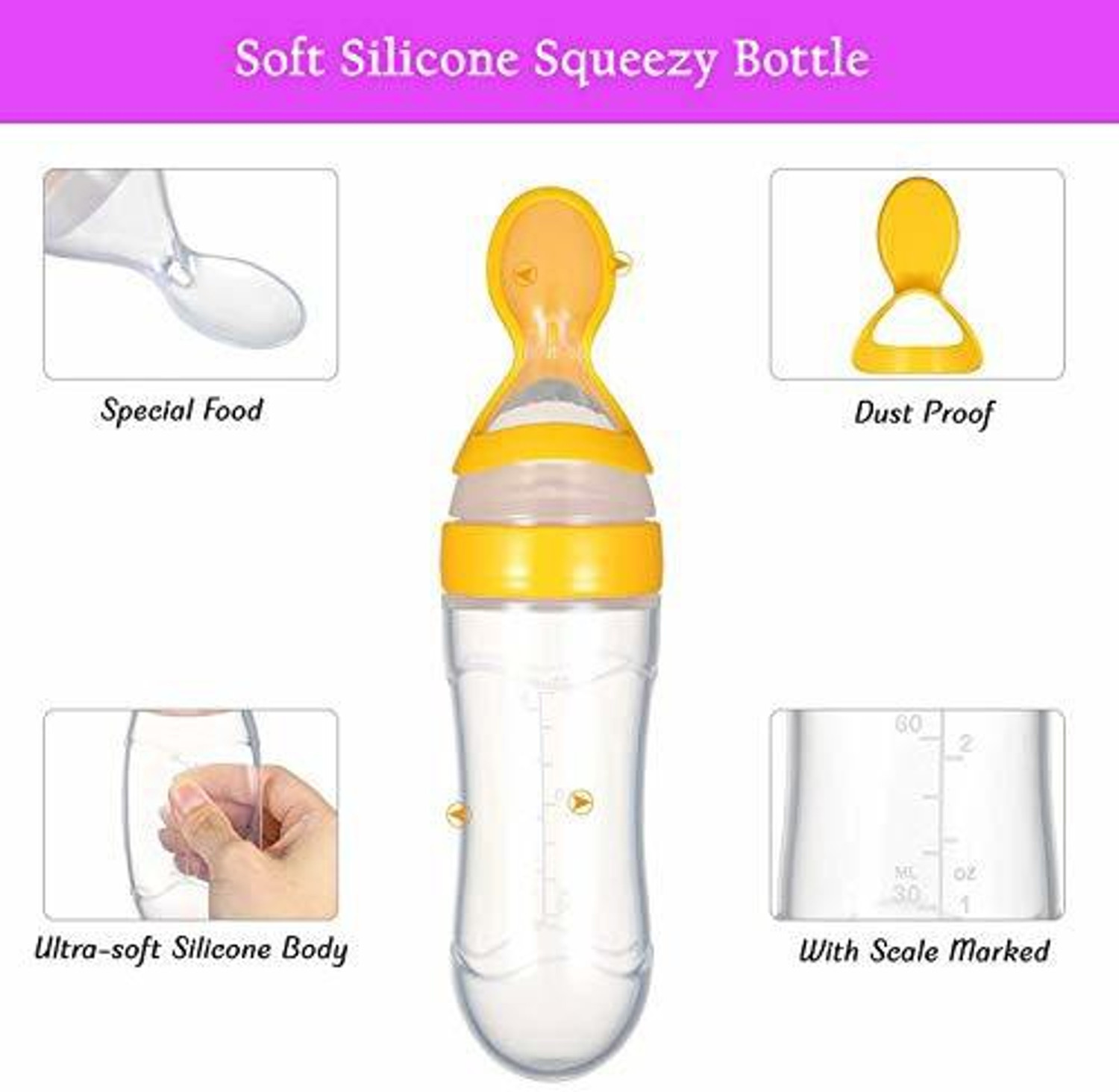 Image of Safe-o-kid Easy Squeezy Silicone Food Feeder Feeder Spoon (Soft Tip) Bottle, yellow, 90ml, Pack of 2 - silicone