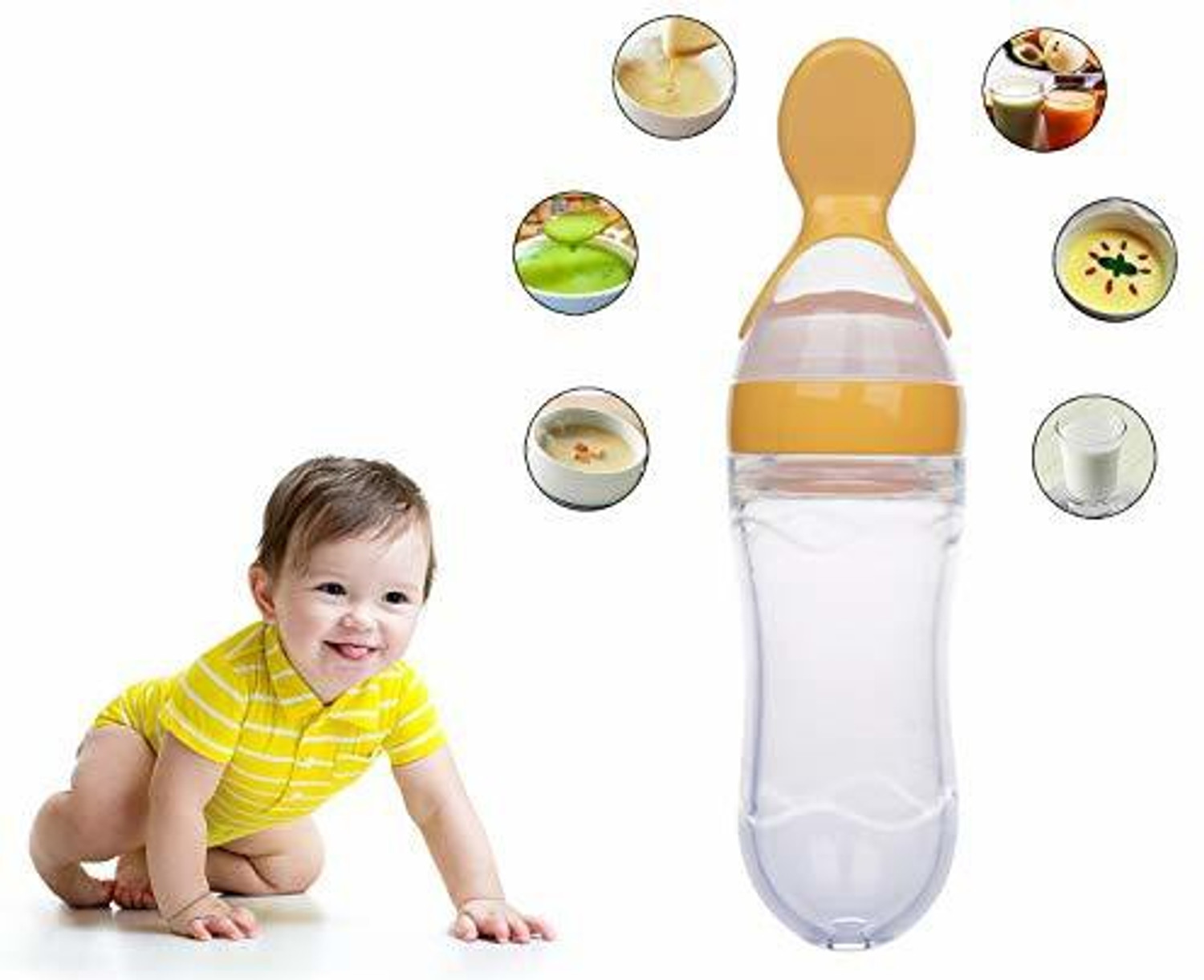 Image of Safe-o-kid Easy Squeezy Silicone Food Feeder Feeder Spoon (Soft Tip) Bottle, yellow, 90ml, Pack of 2 - silicone