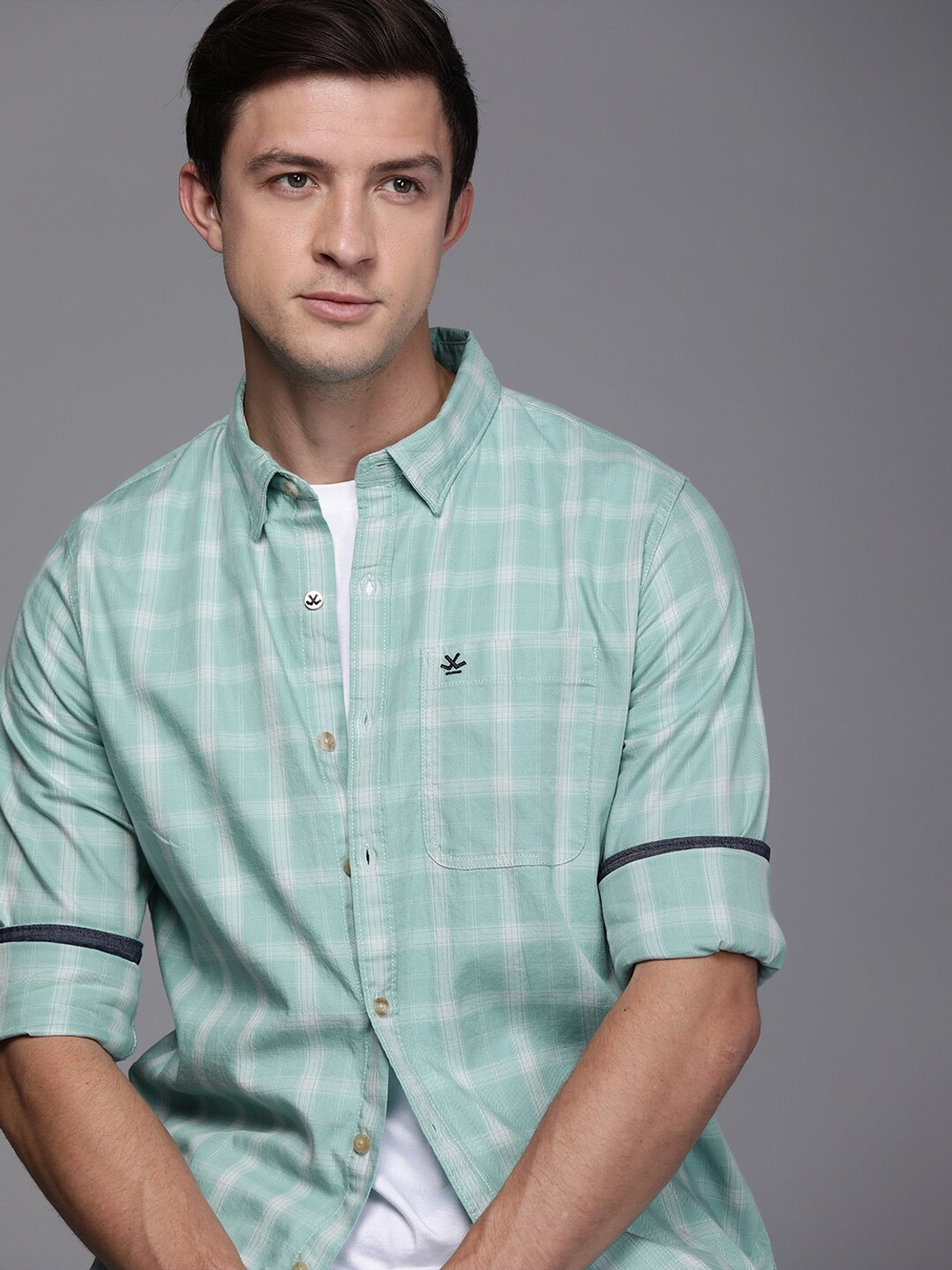 Image of WROGN Men Checkered Casual Green Shirt