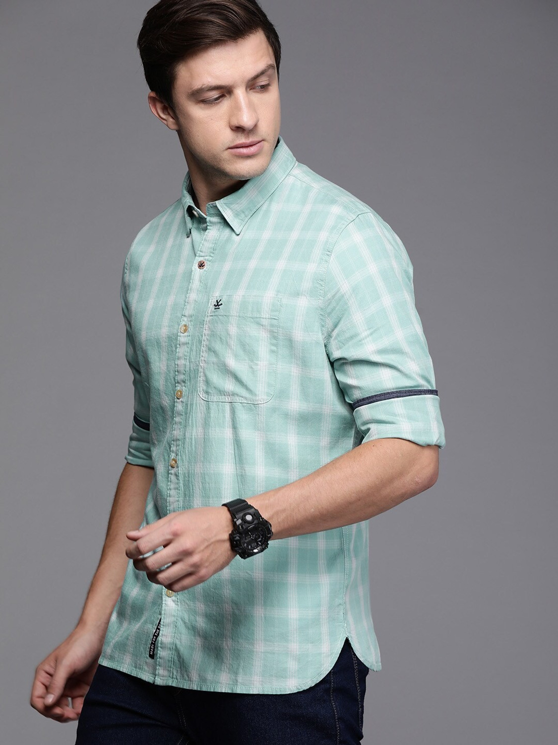 Image of WROGN Men Checkered Casual Green Shirt