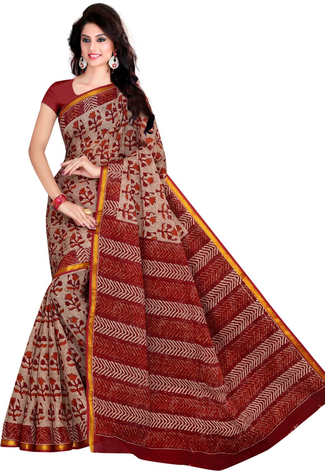 TAMAIRA FASHION Printed Bollywood Pure Cotton Saree (Brown)