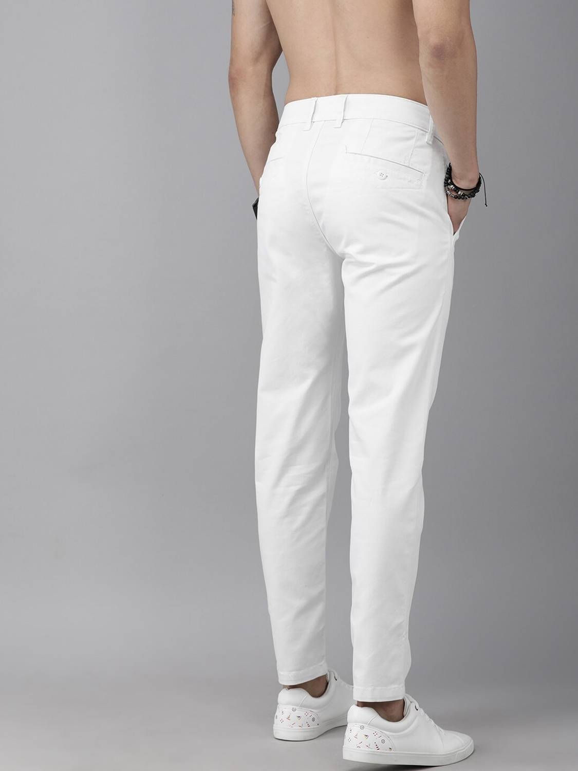 Men Tapered White Pure Cotton Trousers - Image 2
