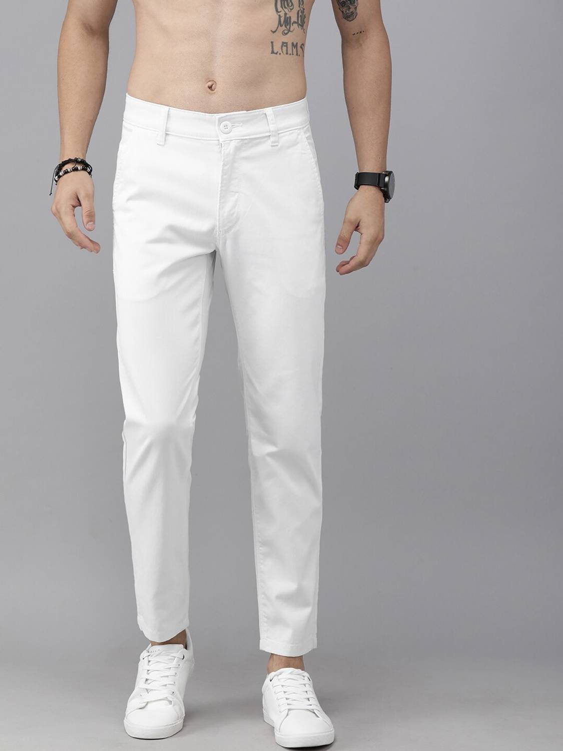 Men Tapered White Pure Cotton Trousers - Image 1