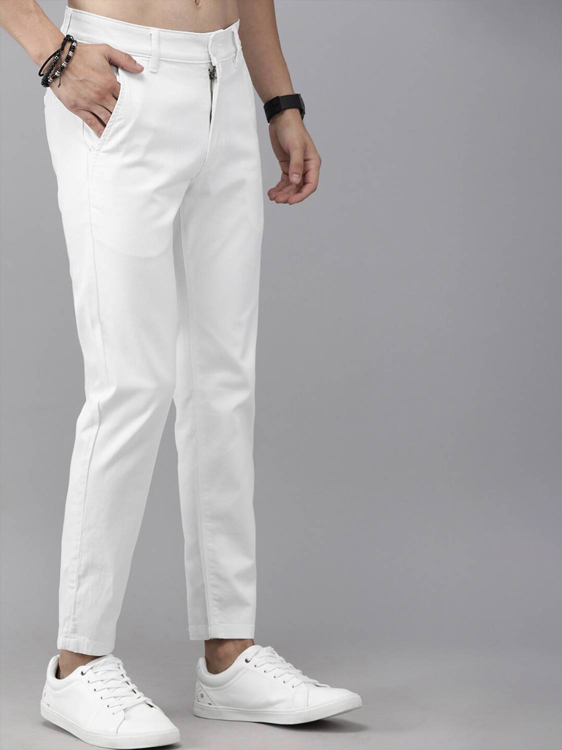 Men Tapered White Pure Cotton Trousers - Image 3