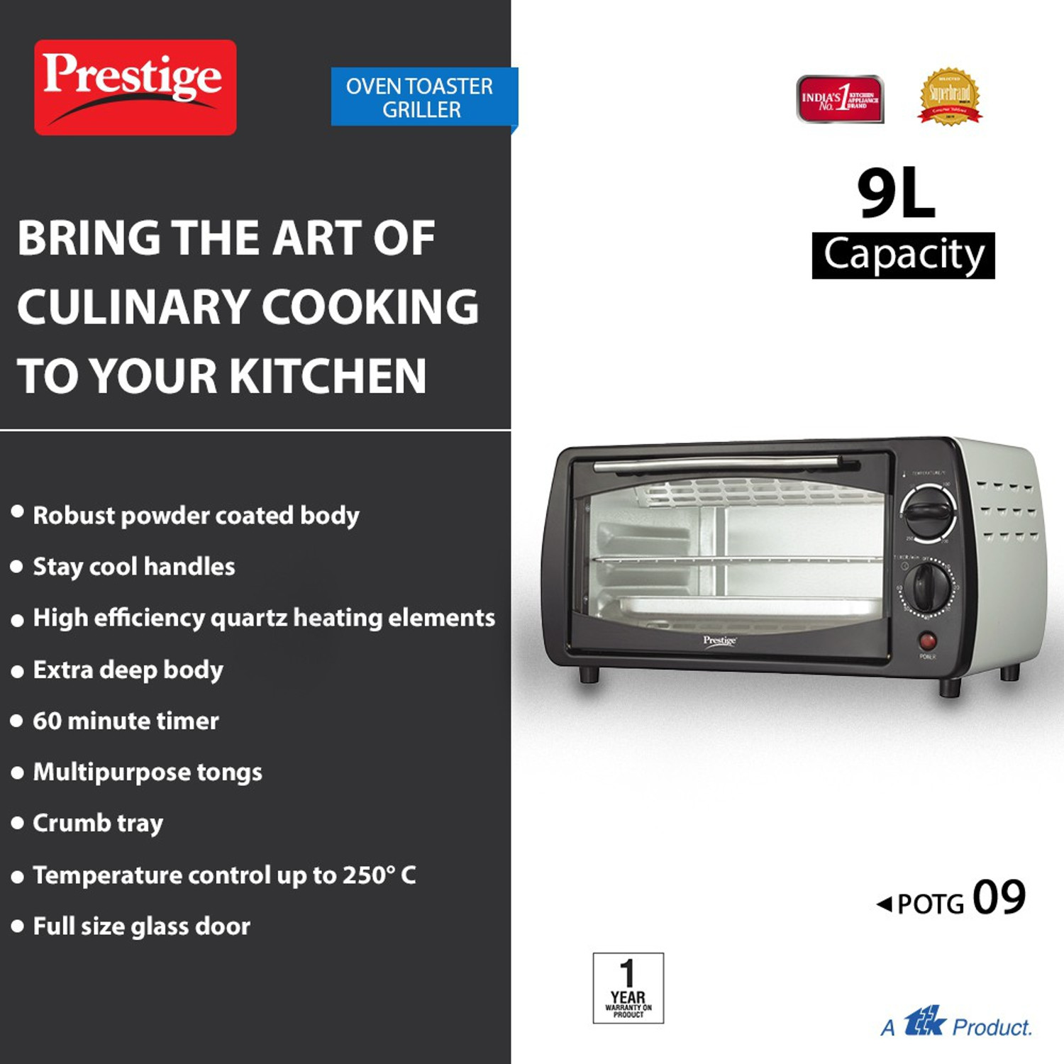 Image of Prestige 9-Litre Oven Toaster Grill OTG POTG 9 PC (41456), Black, Grey