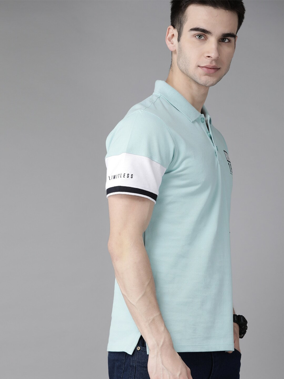 Image of Roadster Solid Men Polo Neck Blue T-Shirt