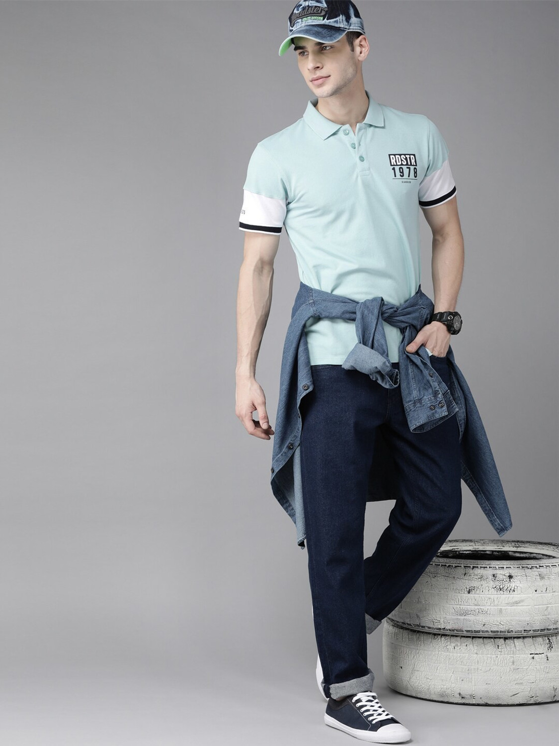 Image of Roadster Solid Men Polo Neck Blue T-Shirt