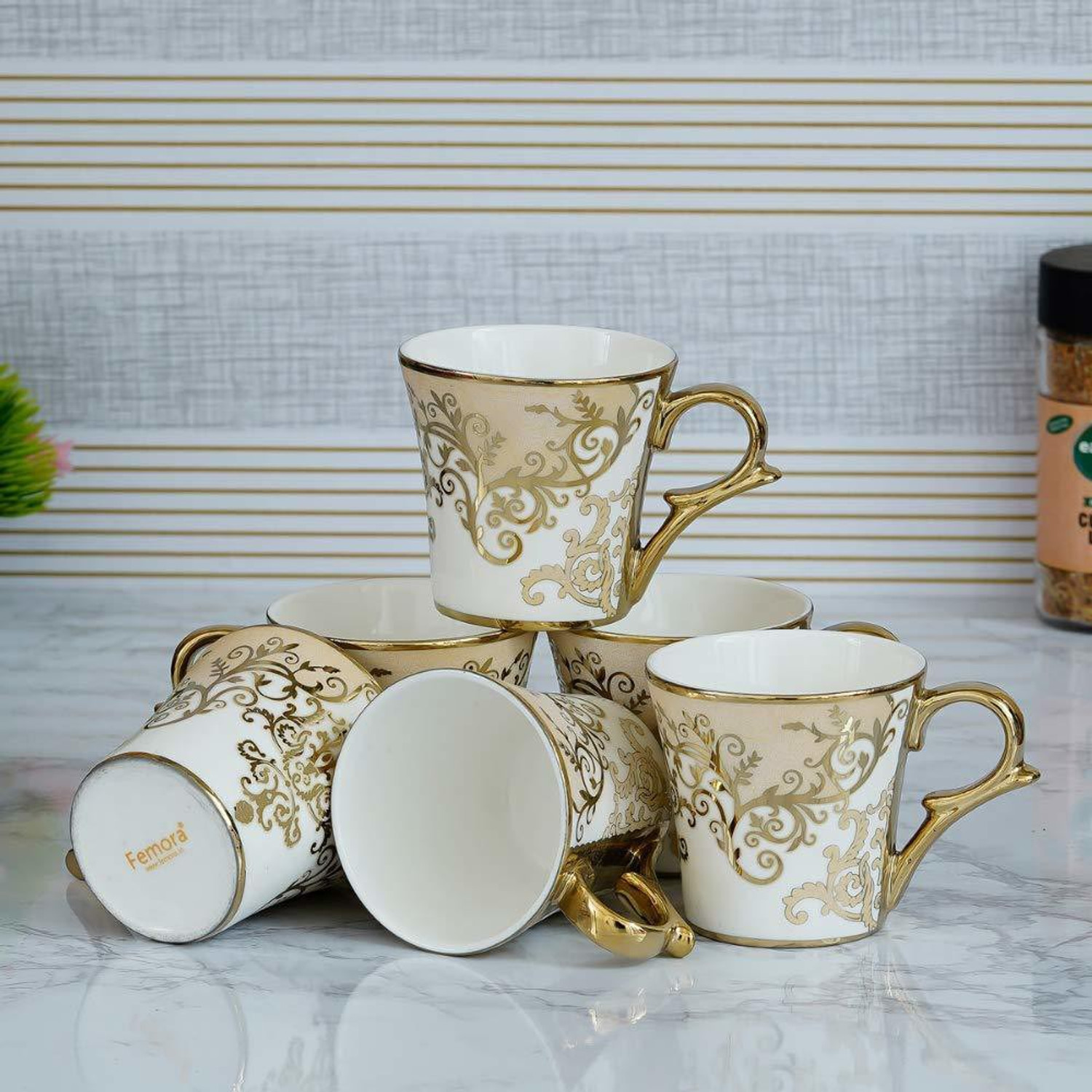 Image of Femora Pack of 6 Bone China Pack of 6 Bone China Indian Ceramic Fine Bone China Floral Gold Line Tea Cup - 6 Pcs, 155 ML