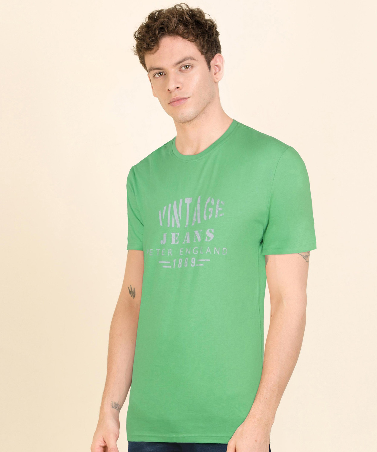 Image of PETER ENGLAND Printed Men Round Neck Green, Grey T-Shirt