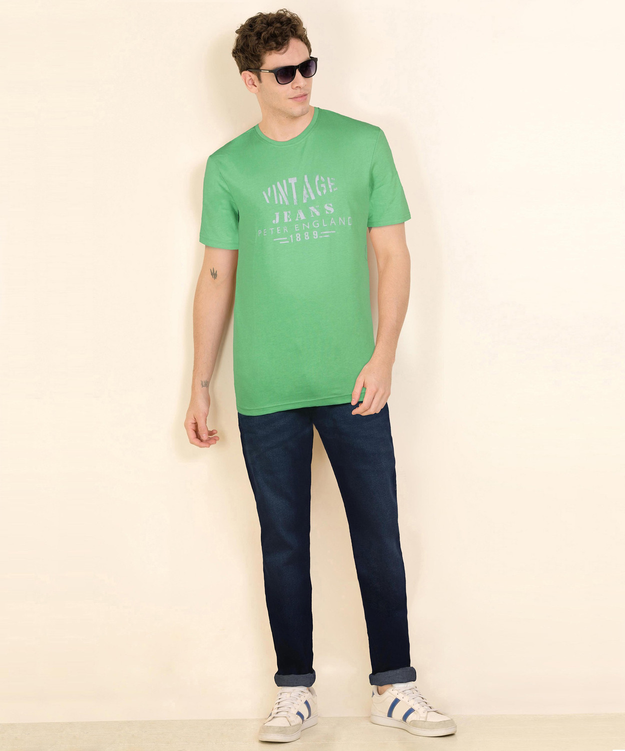 Image of PETER ENGLAND Printed Men Round Neck Green, Grey T-Shirt