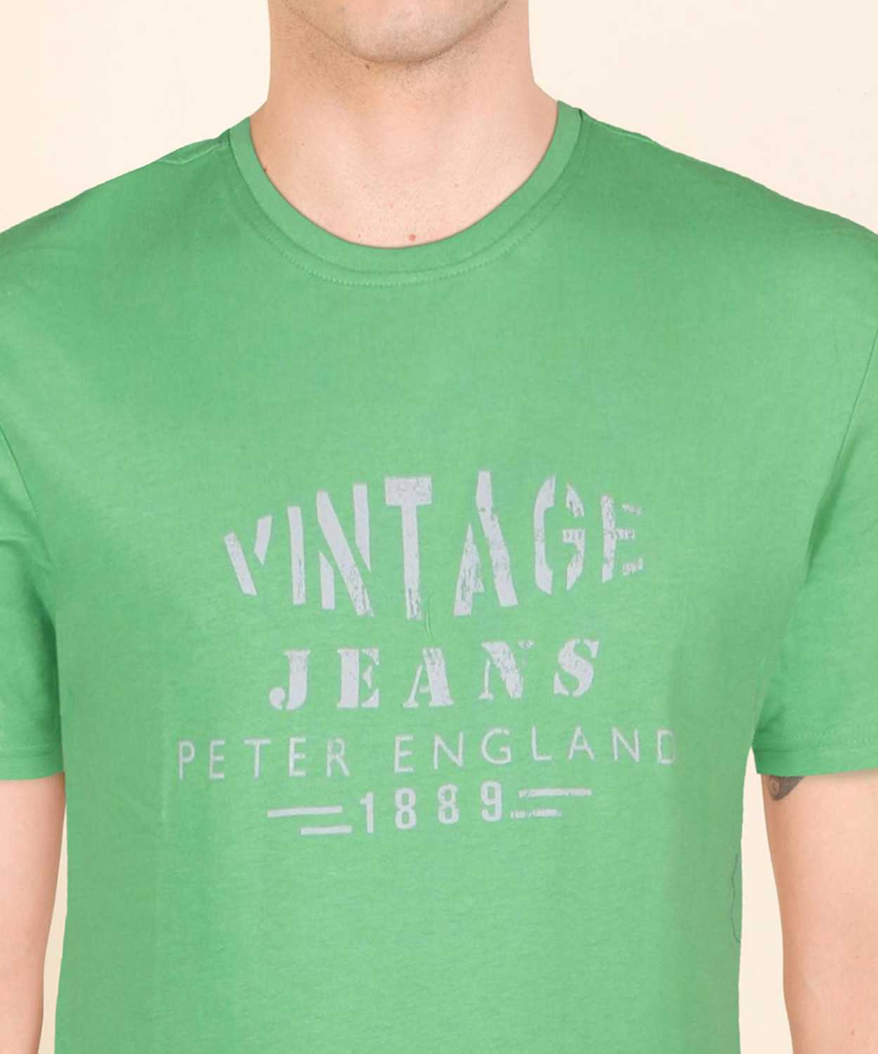 Image of PETER ENGLAND Printed Men Round Neck Green, Grey T-Shirt