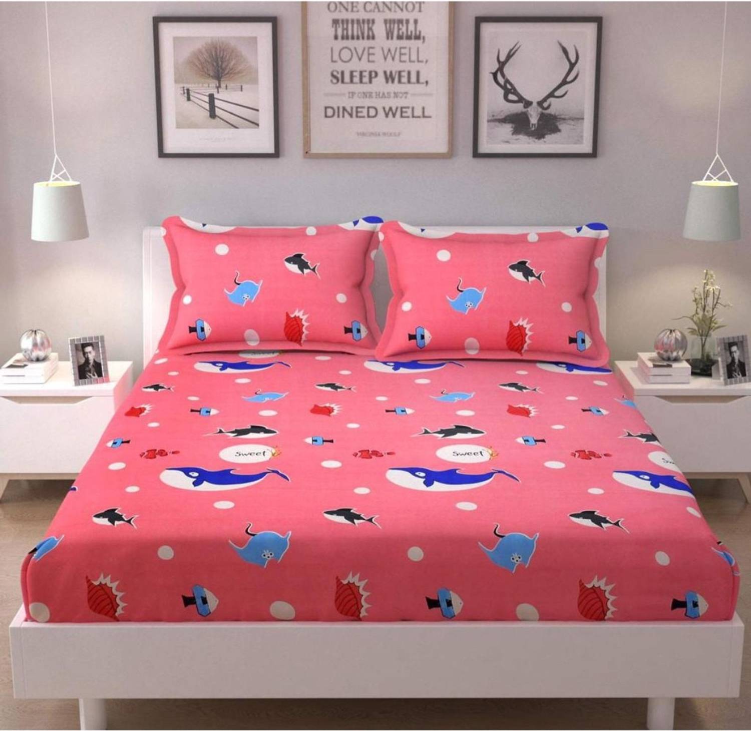 24x7 Home Store Polycotton Double Fitted (Elastic) 180 TC Cartoon 1 Bedsheet with 2 Pillow Covers