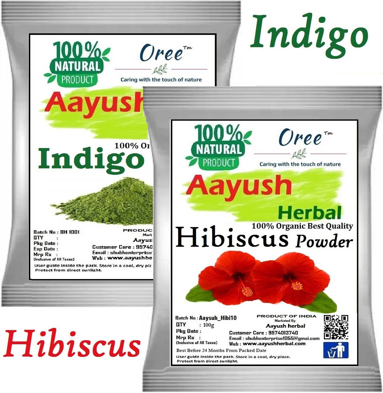 Aayush Herbal Indigo powder+HIBISCUS powder PREMIUM QUALITY 100% Natural Hair Color/Hair Growth (100g Each)