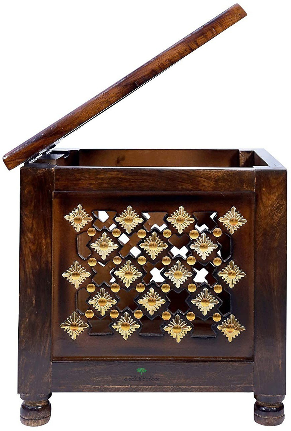 Image of Smarts collection Beautiful Antique Wooden Handmade Stool with Brass Cutting Design Storage Stool for Living Room and Bedroom Furniture (Brown,12 X 12 X 12 Inches) Solid Wood Side Table