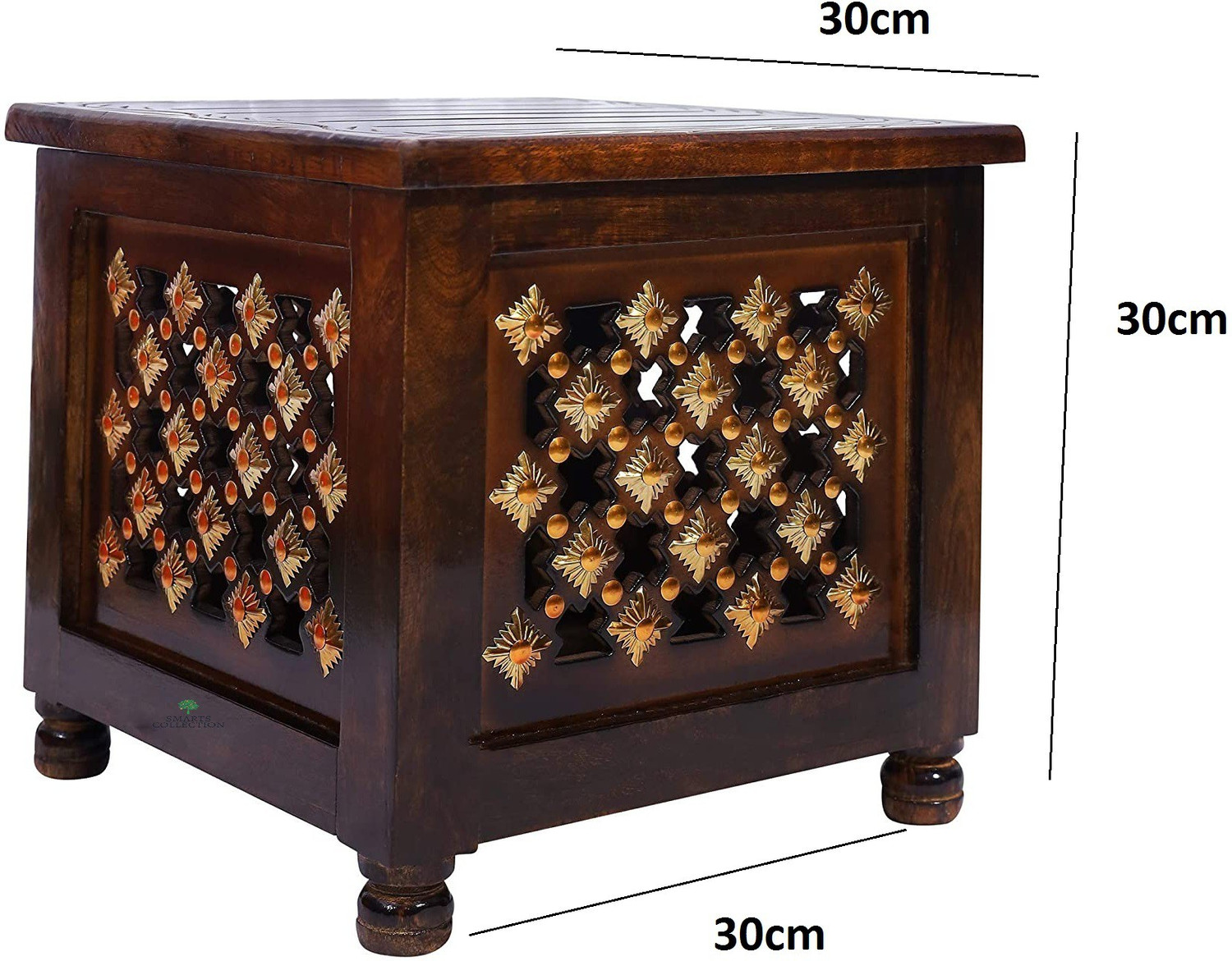 Image of Smarts collection Beautiful Antique Wooden Handmade Stool with Brass Cutting Design Storage Stool for Living Room and Bedroom Furniture (Brown,12 X 12 X 12 Inches) Solid Wood Side Table