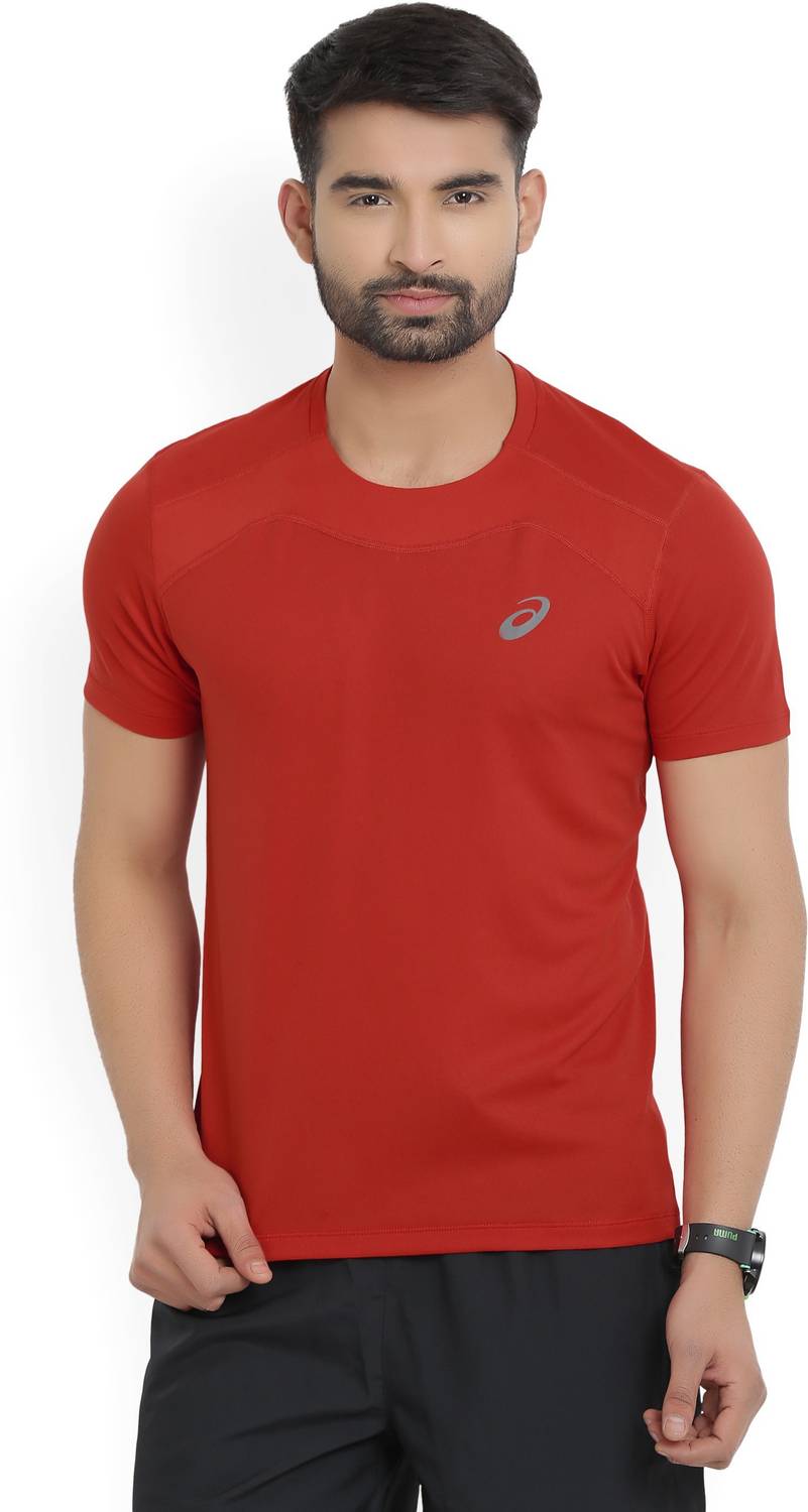 Asics Solid Men Round Neck Red T-Shirt
