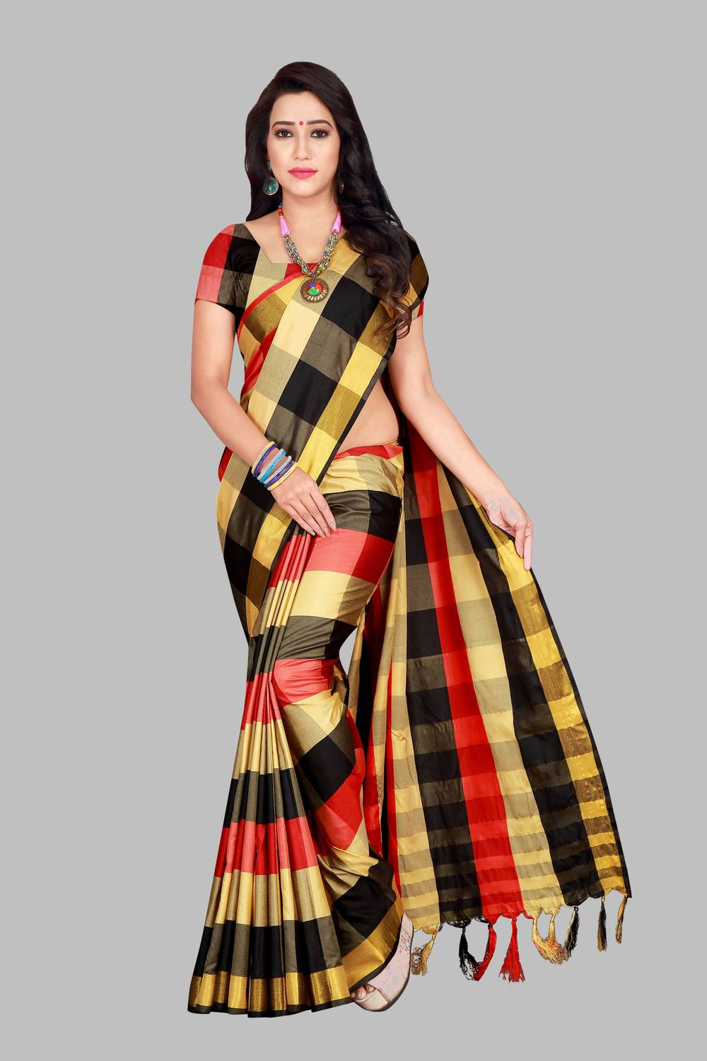 MENFLUENT Checkered Daily Wear Cotton Silk Saree (Cream)