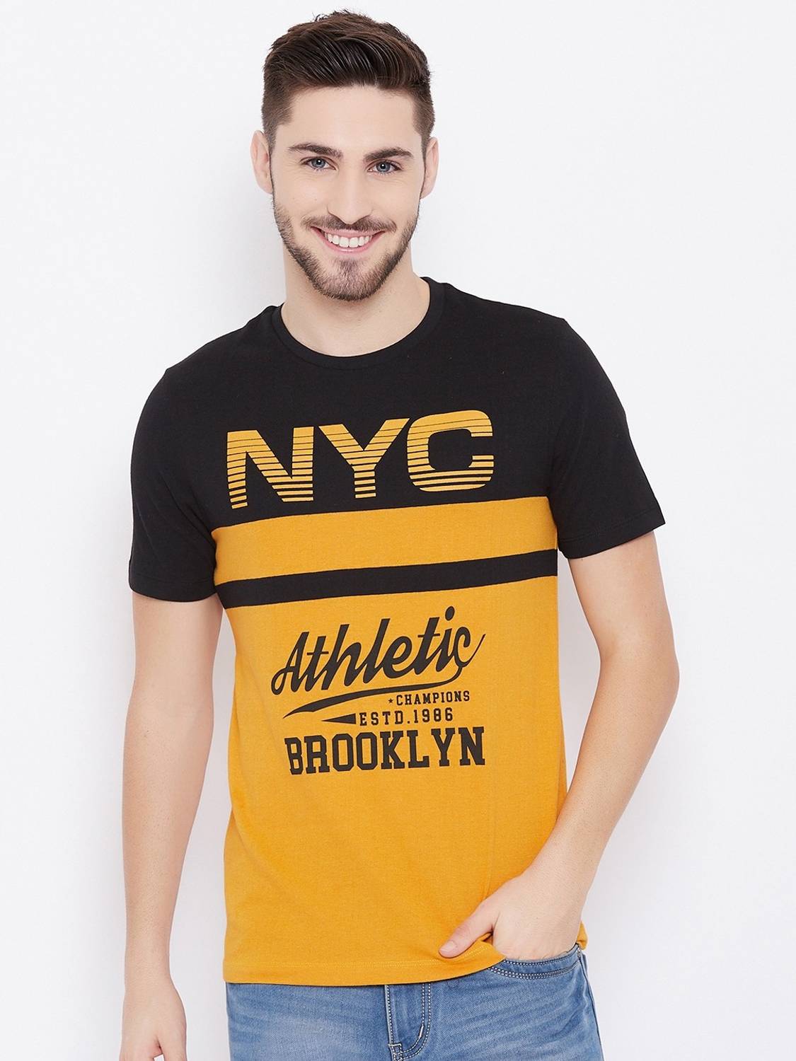 Austin Wood Printed Men Round Neck Yellow T-Shirt