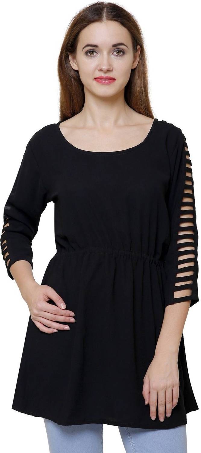 Beautylife Casual Cutout Sleeve Solid Women Black Top