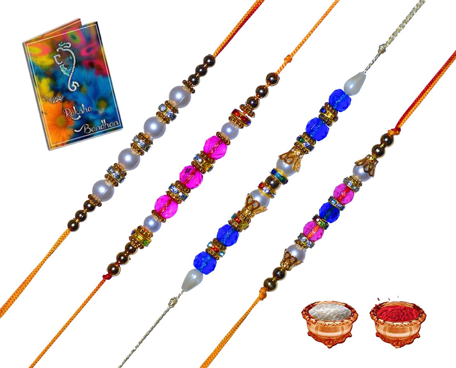 Designer rakhi 4set Rakhi -Greeting Card - roli chawal set Silver Rakhi, Greeting Card, Chawal Roli Pack Set by bhumiyaan