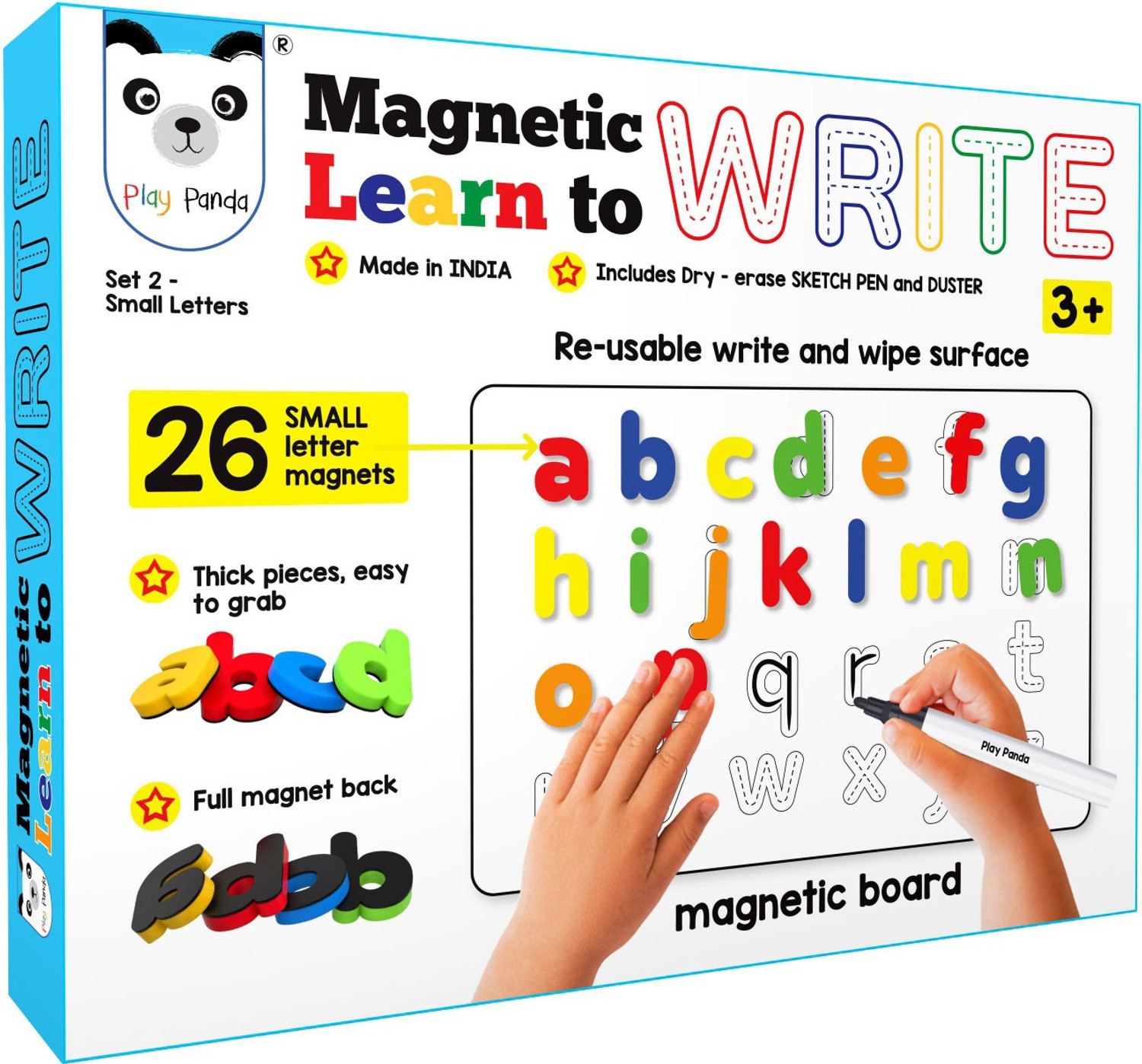 Image of PLAY PANDA Magnetic Learn to Write Small Letters - includes Write and Wipe Magnetic Board, 26 Small Letter Magnets, Dry Erase Sketch Pen and Duster - Simplify teaching and learning