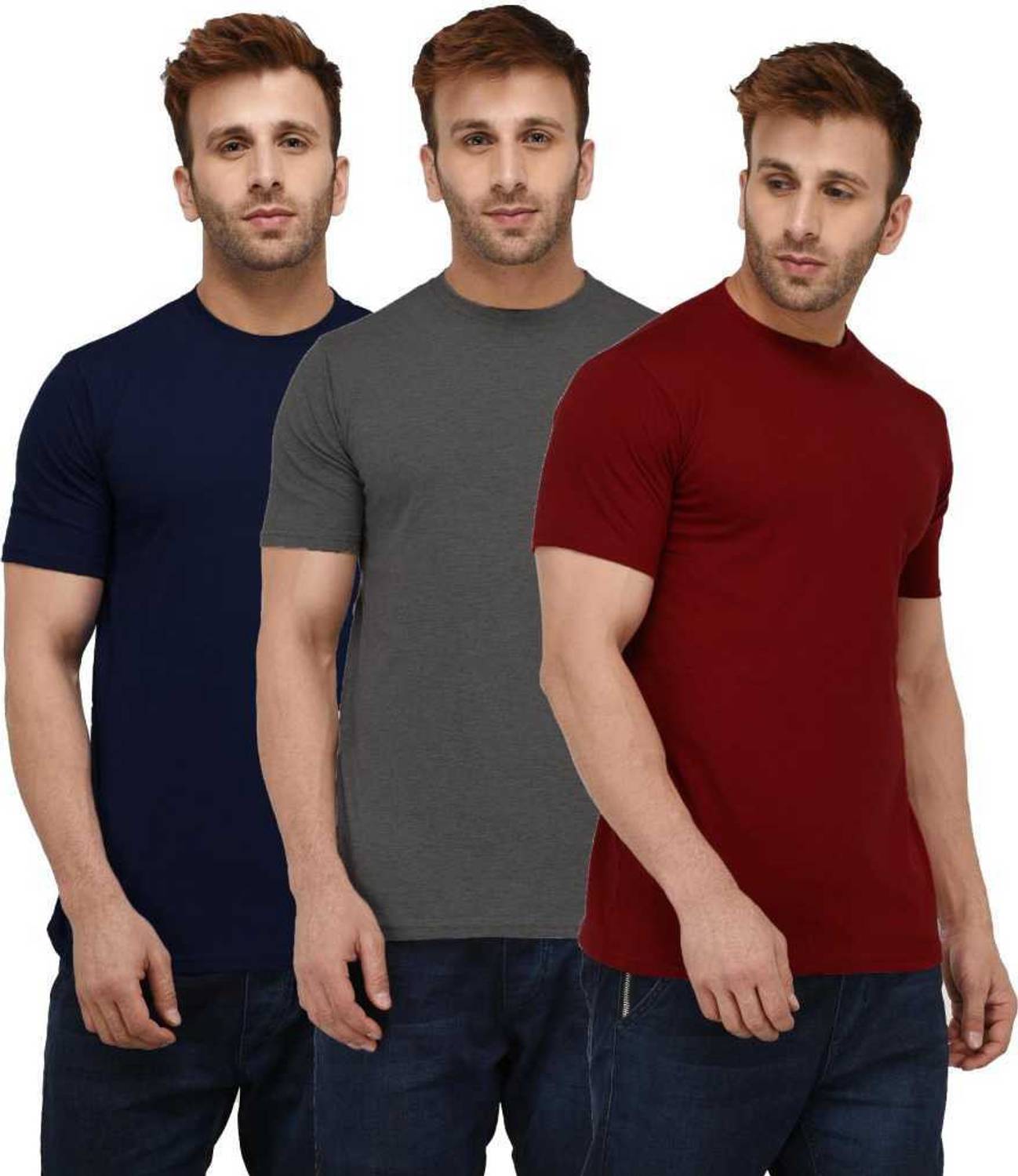 INKKR Pack of 3 Men Solid Round Neck Cotton Blend Multicolor T-Sh