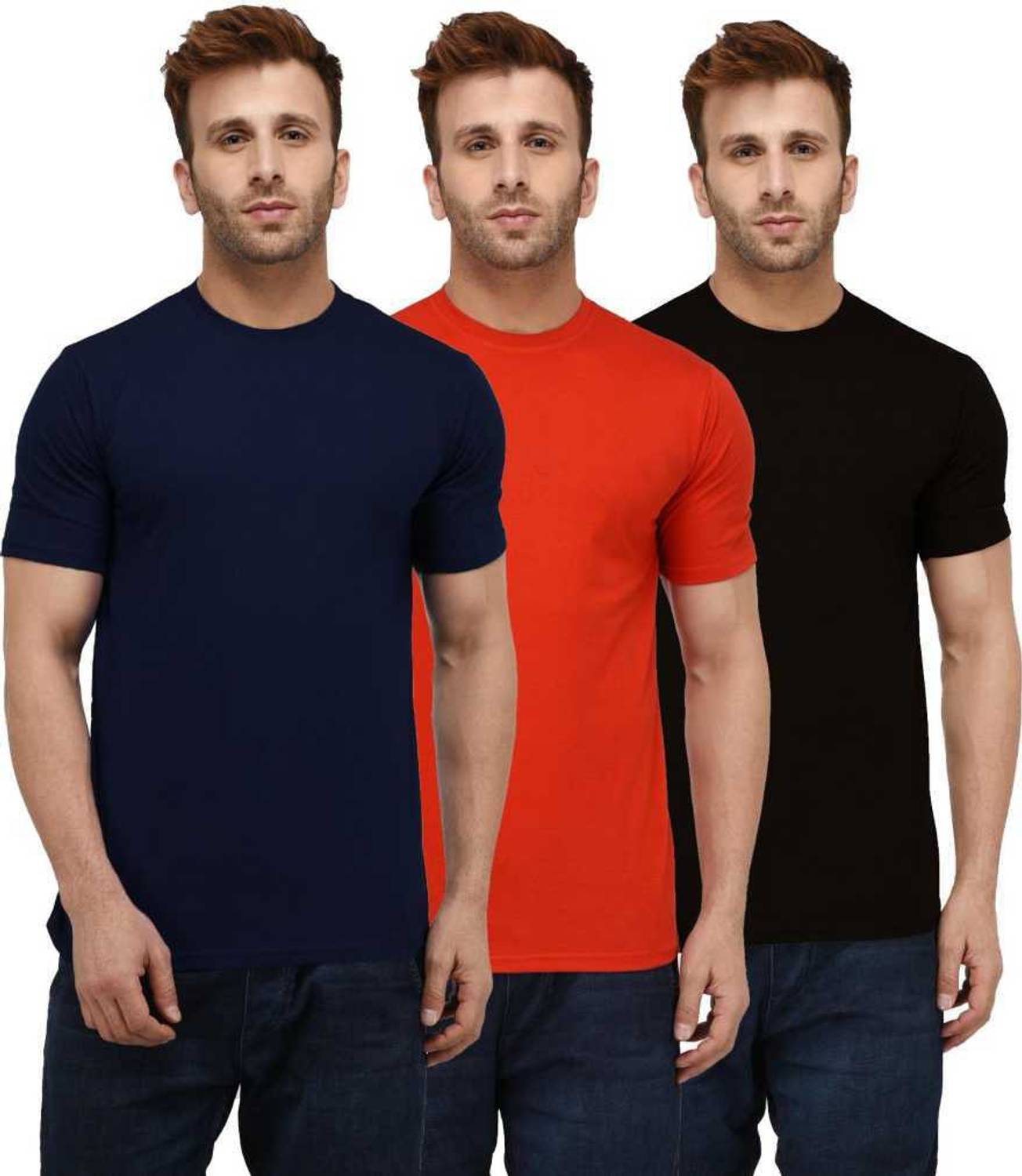 INKKR Pack of 3 Men Solid Round Neck Cotton Blend Multicolor T-Sh
