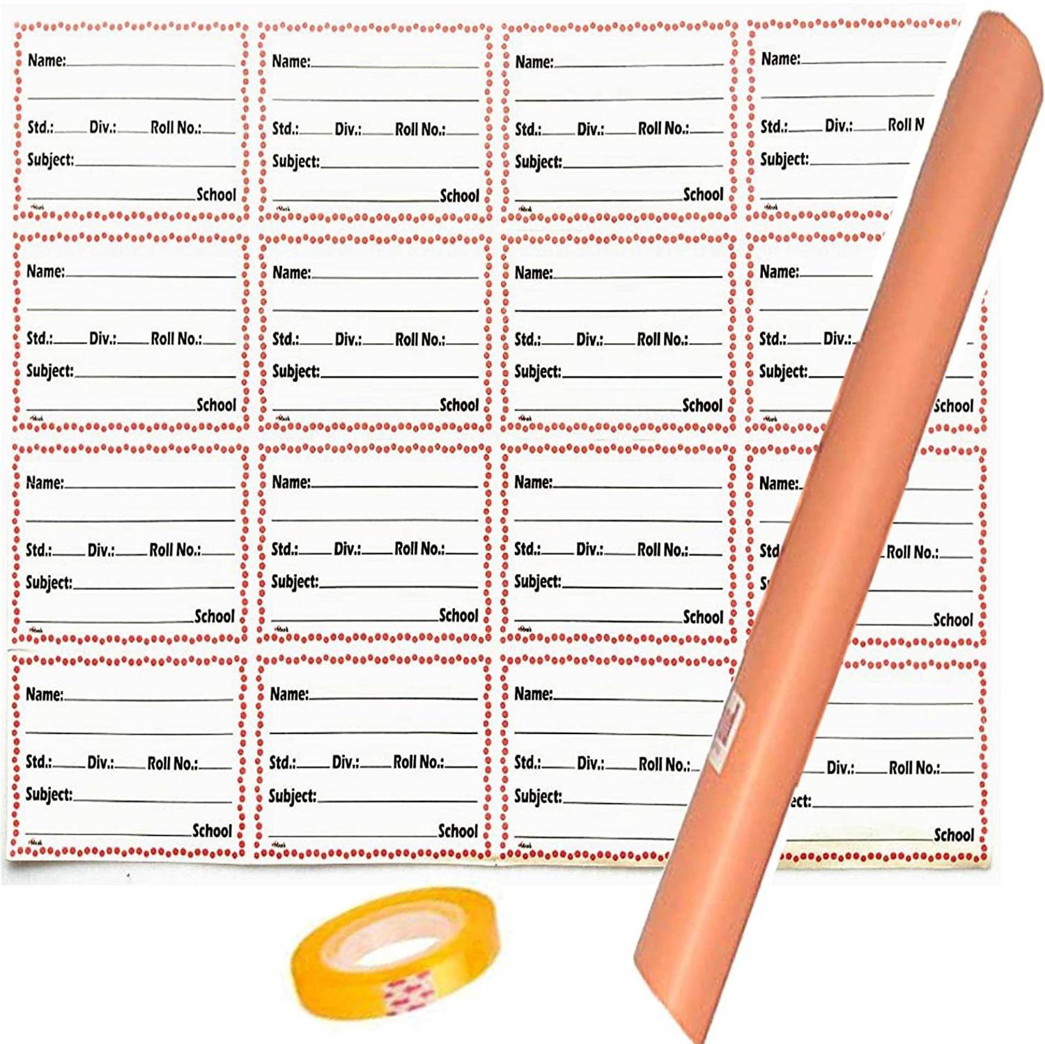 ABC Season Store Book Cover & Labels Combo | Set of 2 Book Cover Roll, Name Label (32 PIS) & Free 1 Cello Tape | Plastic Laminated Brown 8 Meters Roll | Name Stickers Labels | for School Note Book Cover (Plain) Book Cover