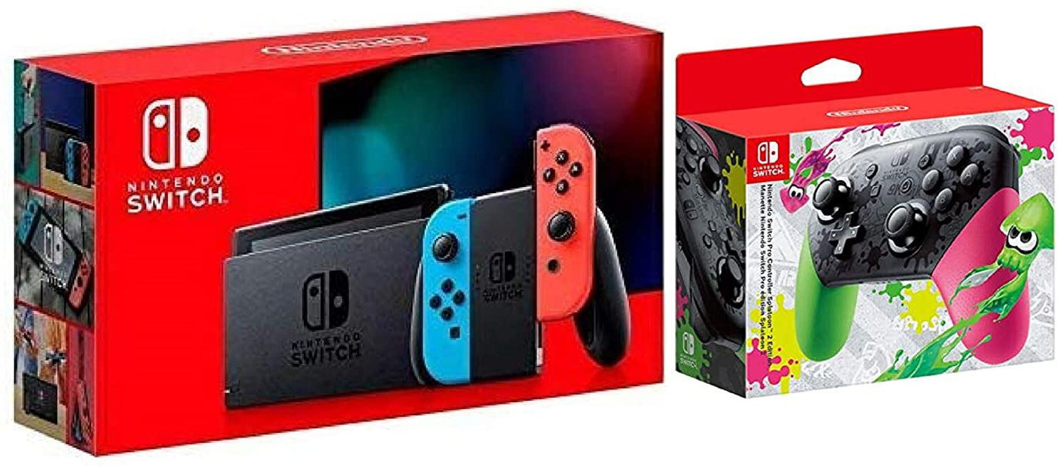 Image of NINTENDO Switch With Neon Red & Neon Blue bundled With Switch Pro Controller Splatoon 2 - Edition 32 GB