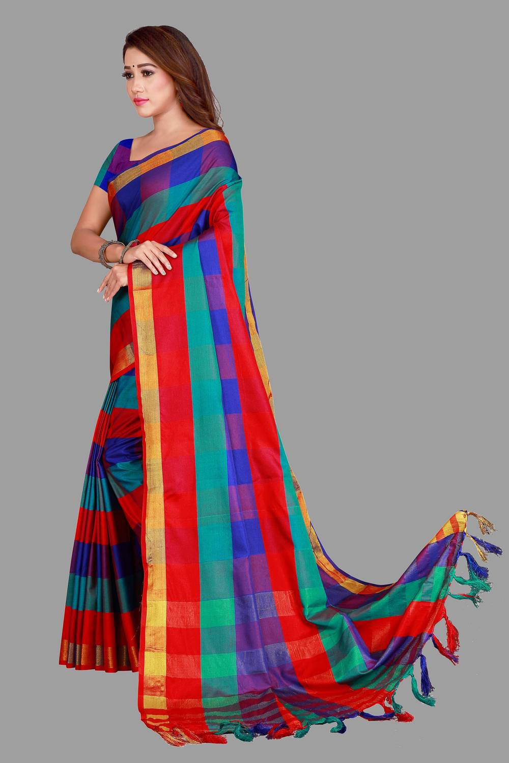 PRIYANSH CREATION चेकर्ड बॉलीवुड कॉटन ब्लेंड साड़ी - Image 2