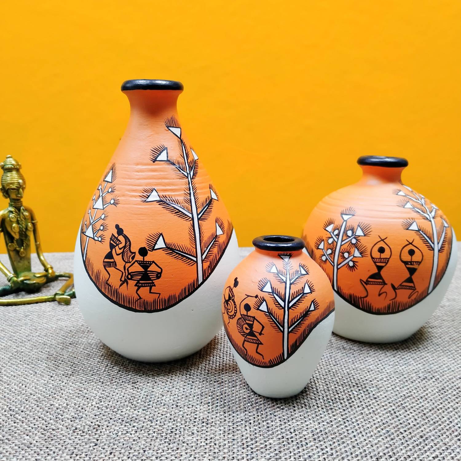 Artysta ‘Warli Forests’ Orange Handpainted Terracotta Flower Vases Set of 3 Earthenware Vase