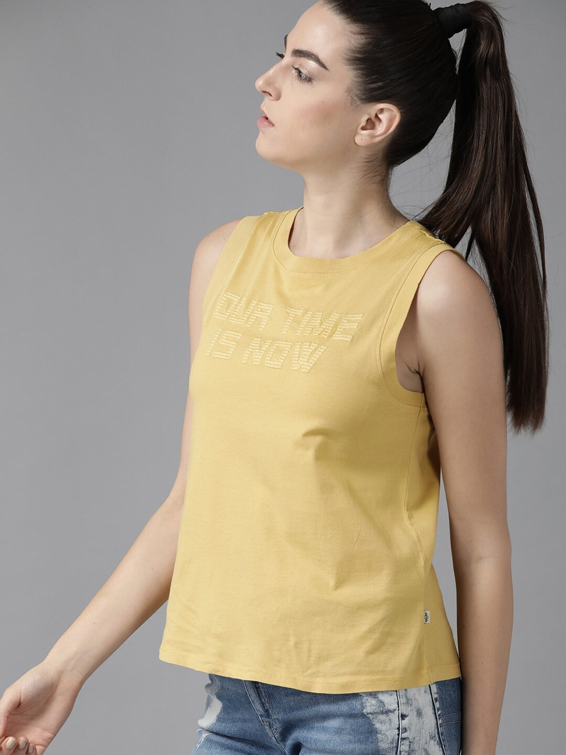 Image of Roadster Embroidered Women Round Neck Yellow T-Shirt