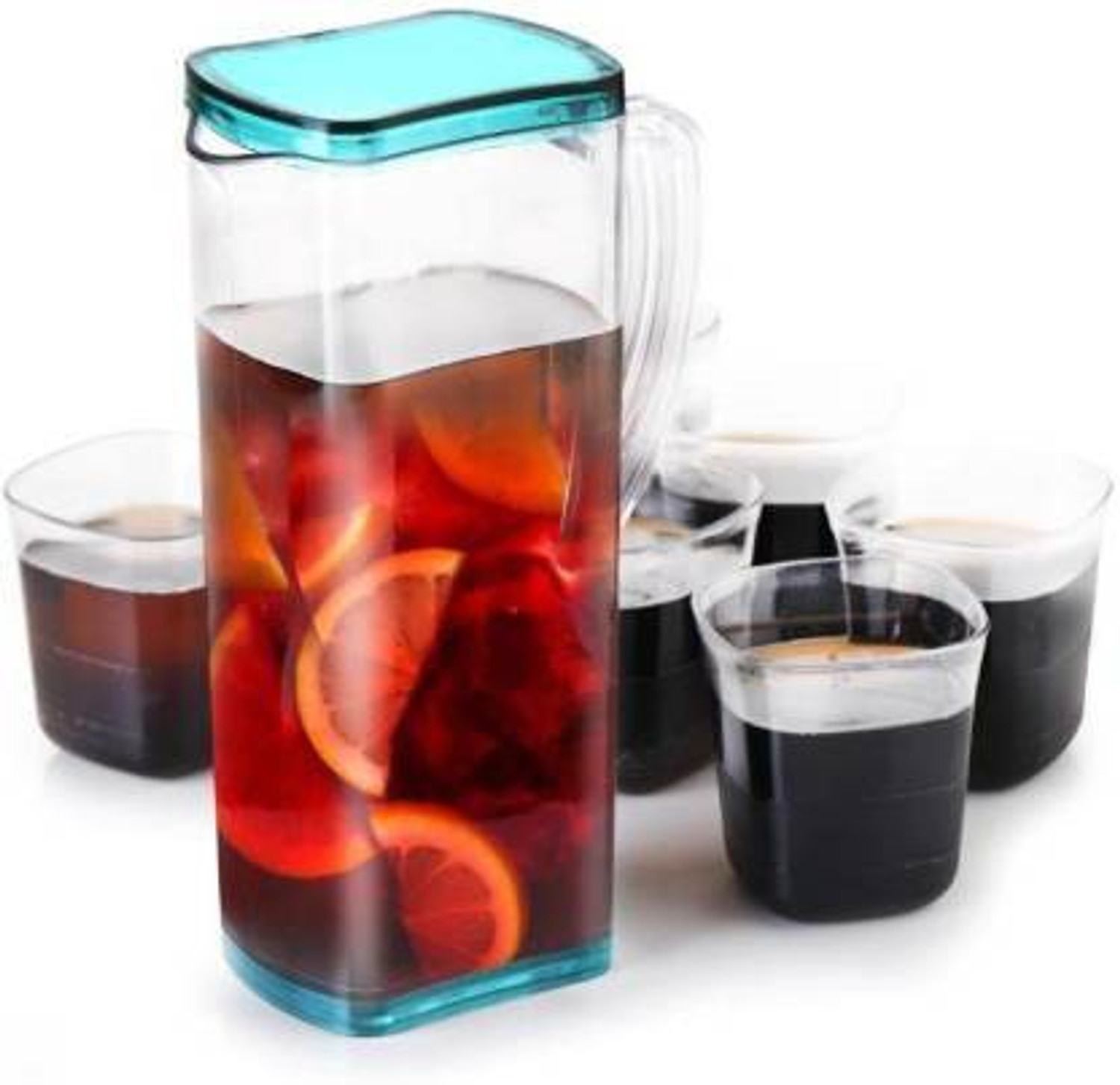 Image of Finner Water WATER SQUER PLASTIC UNBRACBLE HEAVY PLASTIC JUG WITH 6 PCS UNBRACKBLE GLASS SET (FINISH :- PLASTIC ) Jug (Plastic) Jug Glass Set
