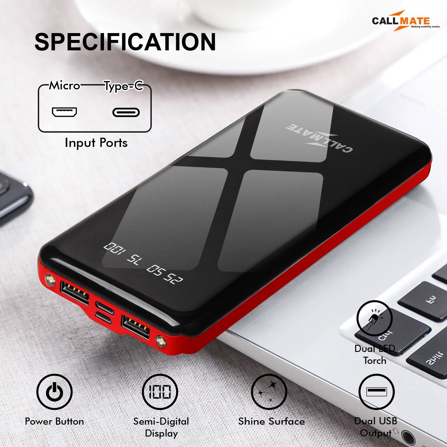 Callmate 10000mAh 15W Slim Power Bank - Image 3