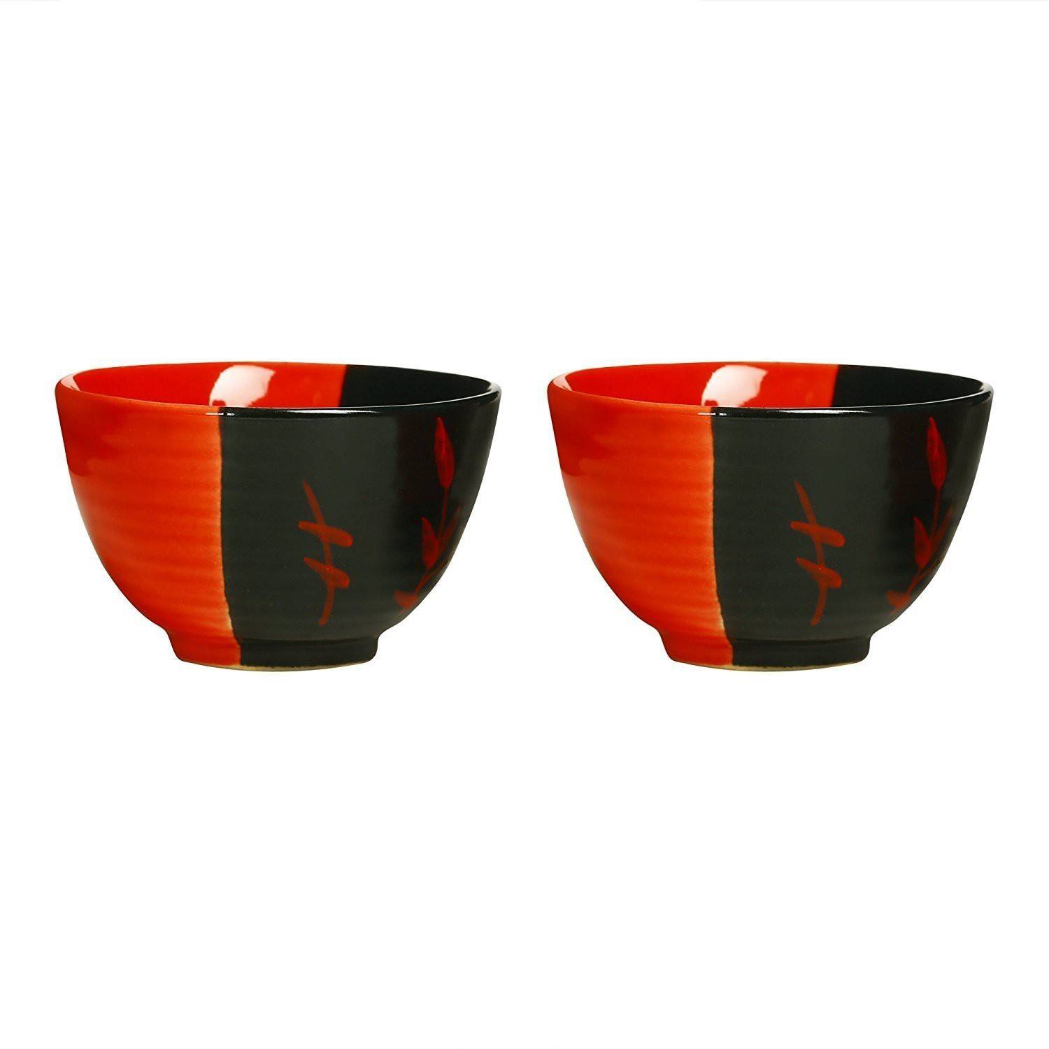 caffeine Ceramic Dessert Bowl Handmade Half Red & Black Bamboo
